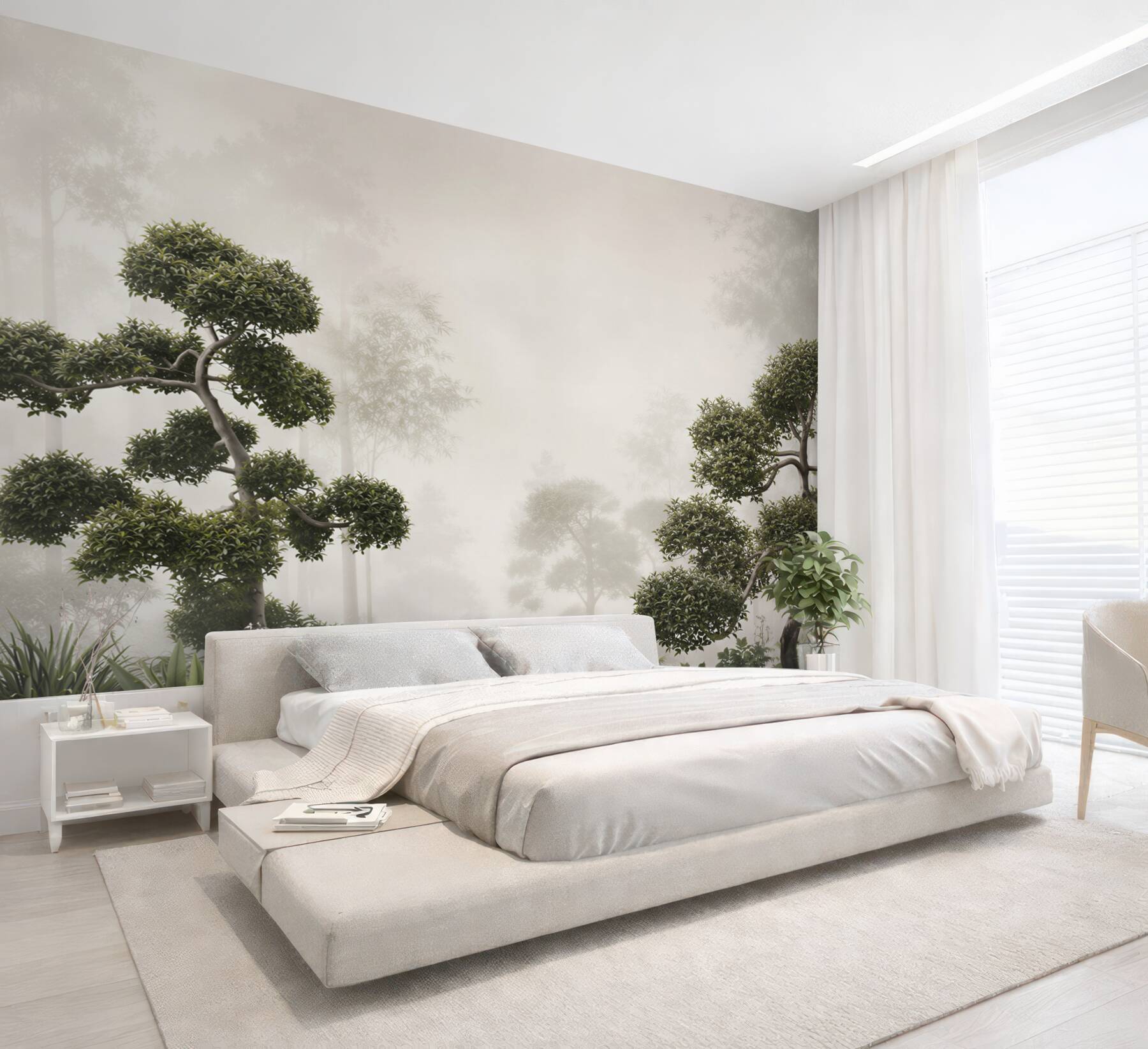 Fototapeta bonsai we mgle zielona orientalna do nowoczesnego wnętrza?v23