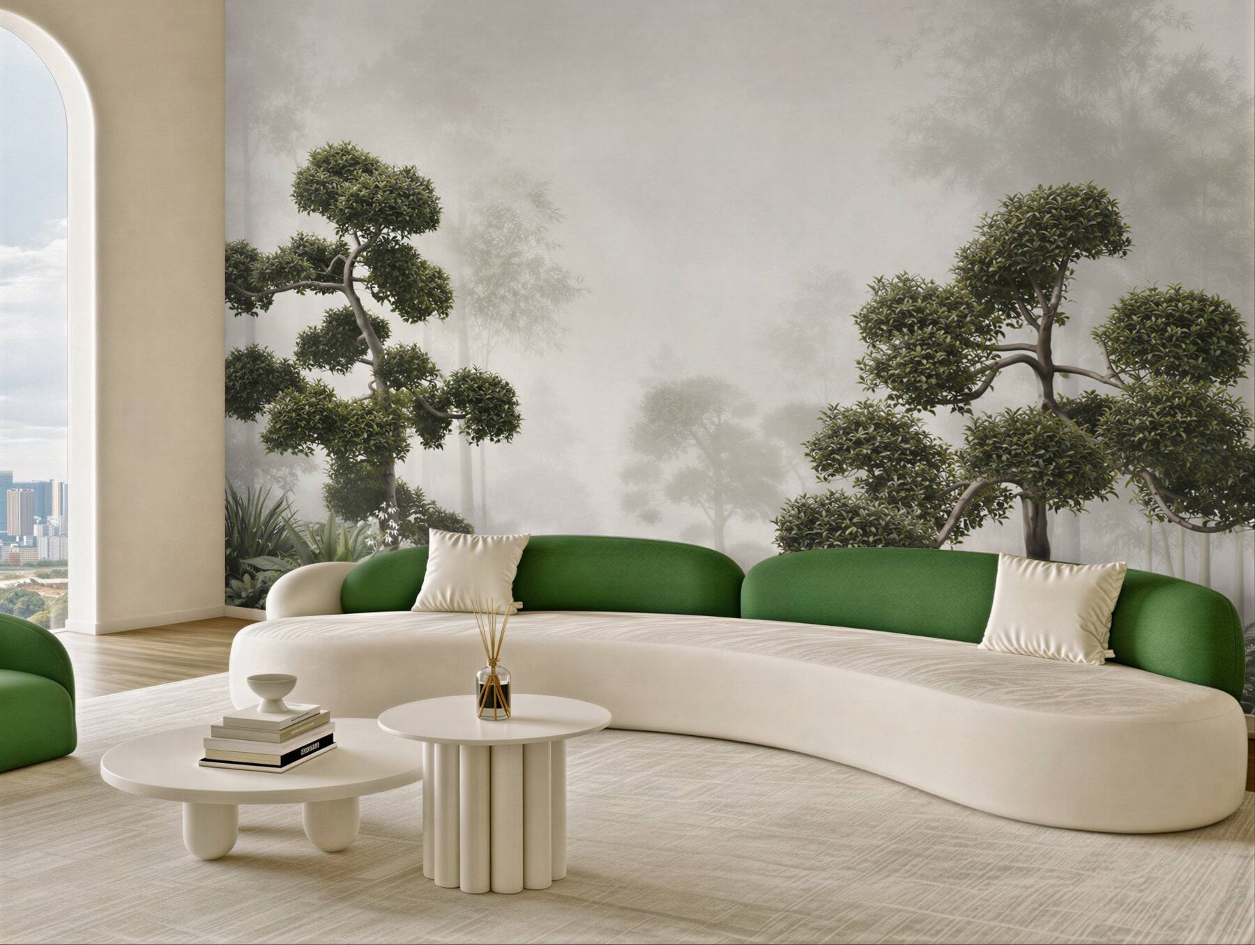 Fototapeta bonsai we mgle zielona orientalna do nowoczesnego wnętrza?v23