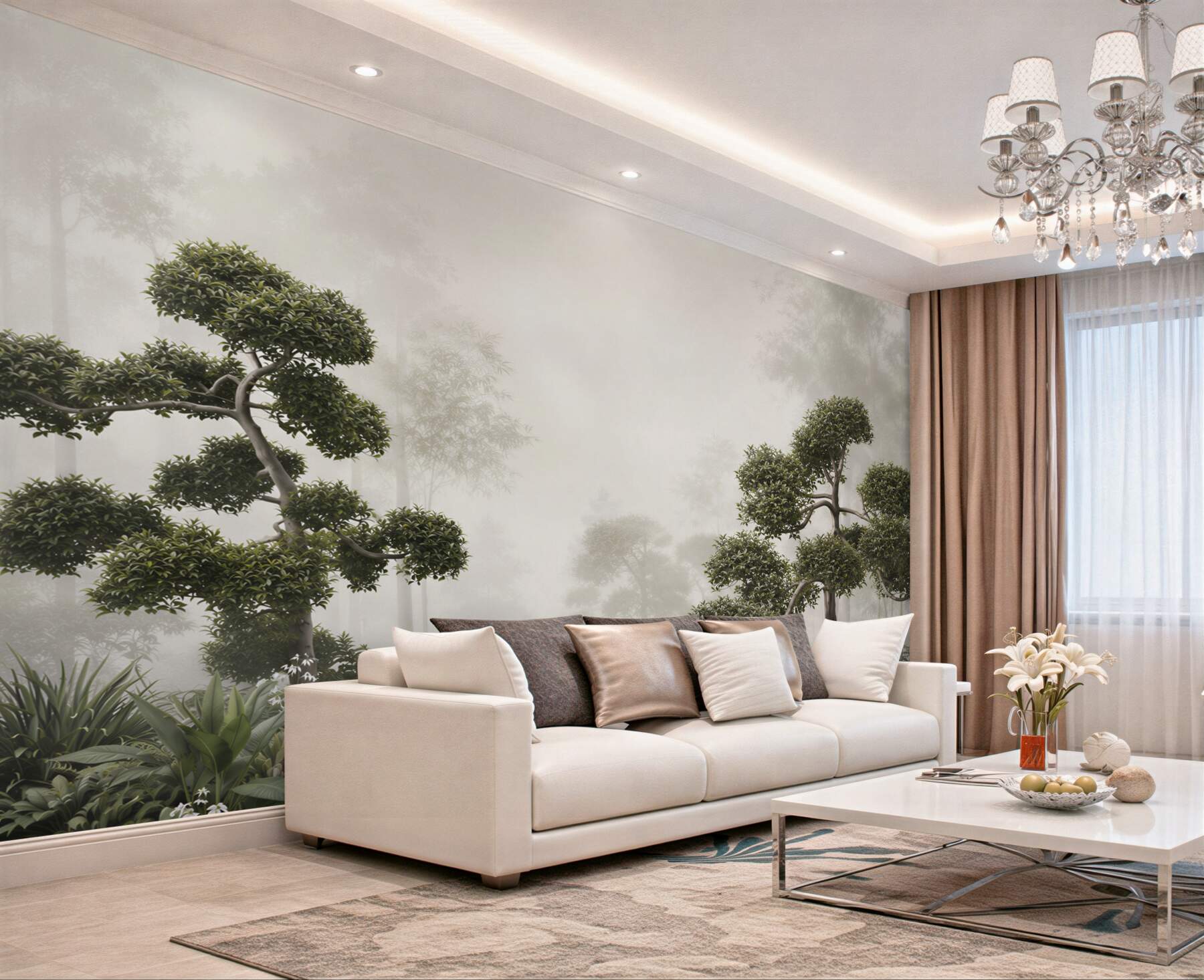 Fototapeta bonsai we mgle zielona orientalna do nowoczesnego wnętrza