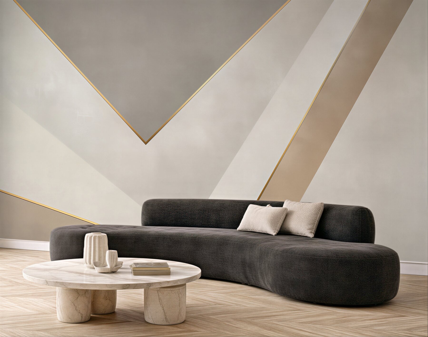 Fototapeta geometryczna abstrakcja beżowo szara ze złotymi liniami?v23