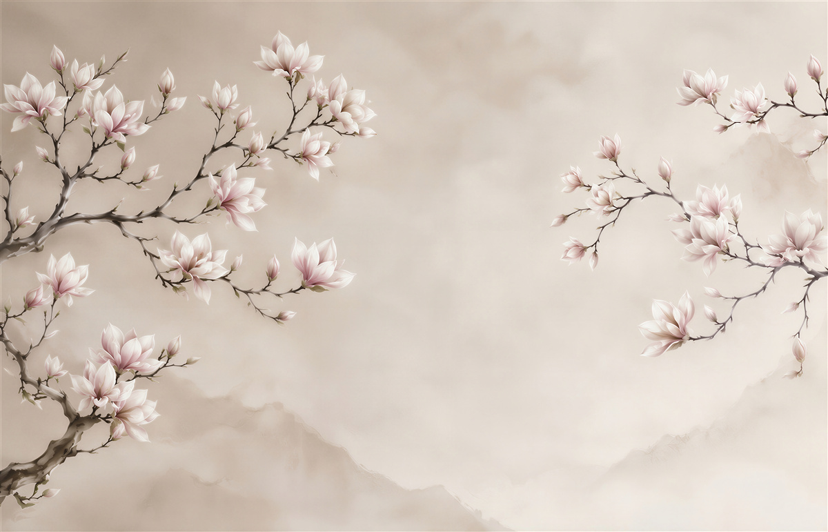 Fototapeta kwitnąca magnolia na beżowym tle w stylu orientalnym