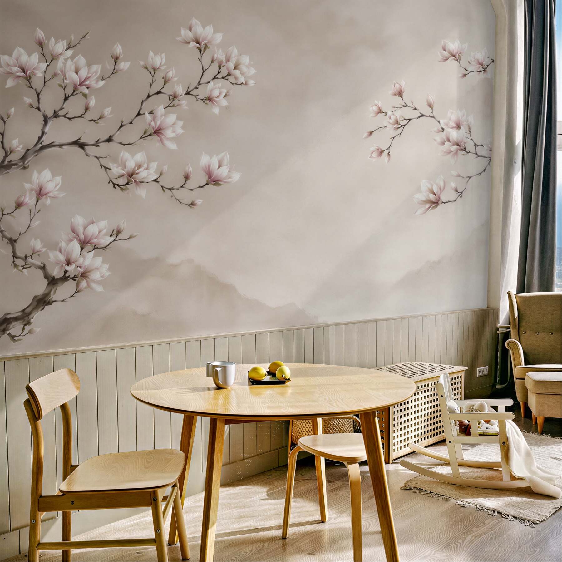 Fototapeta kwitnąca magnolia na beżowym tle w stylu orientalnym?v23