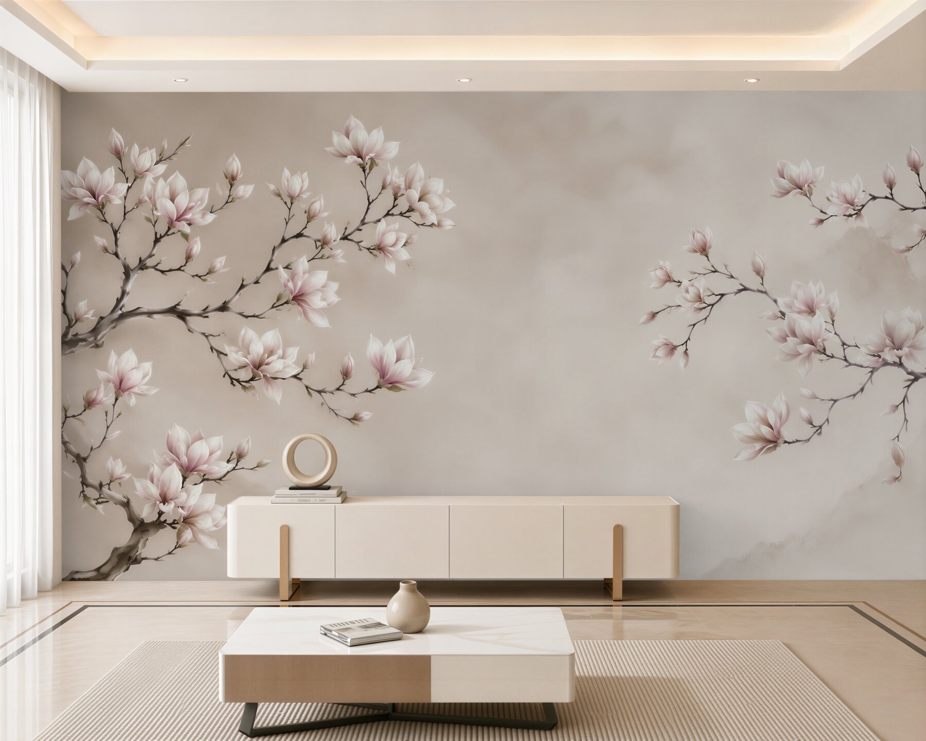 Fototapeta kwitnąca magnolia na beżowym tle w stylu orientalnym?v23