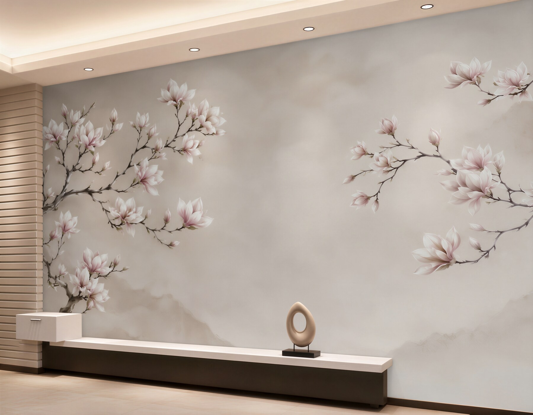 Fototapeta kwitnąca magnolia na beżowym tle w stylu orientalnym?v23