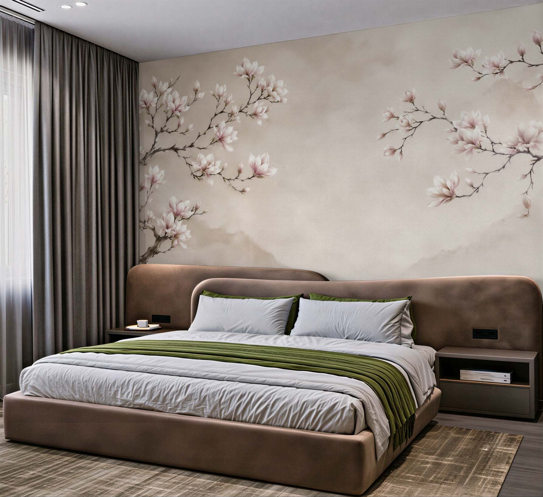 Fototapeta kwitnąca magnolia na beżowym tle w stylu orientalnym?v23