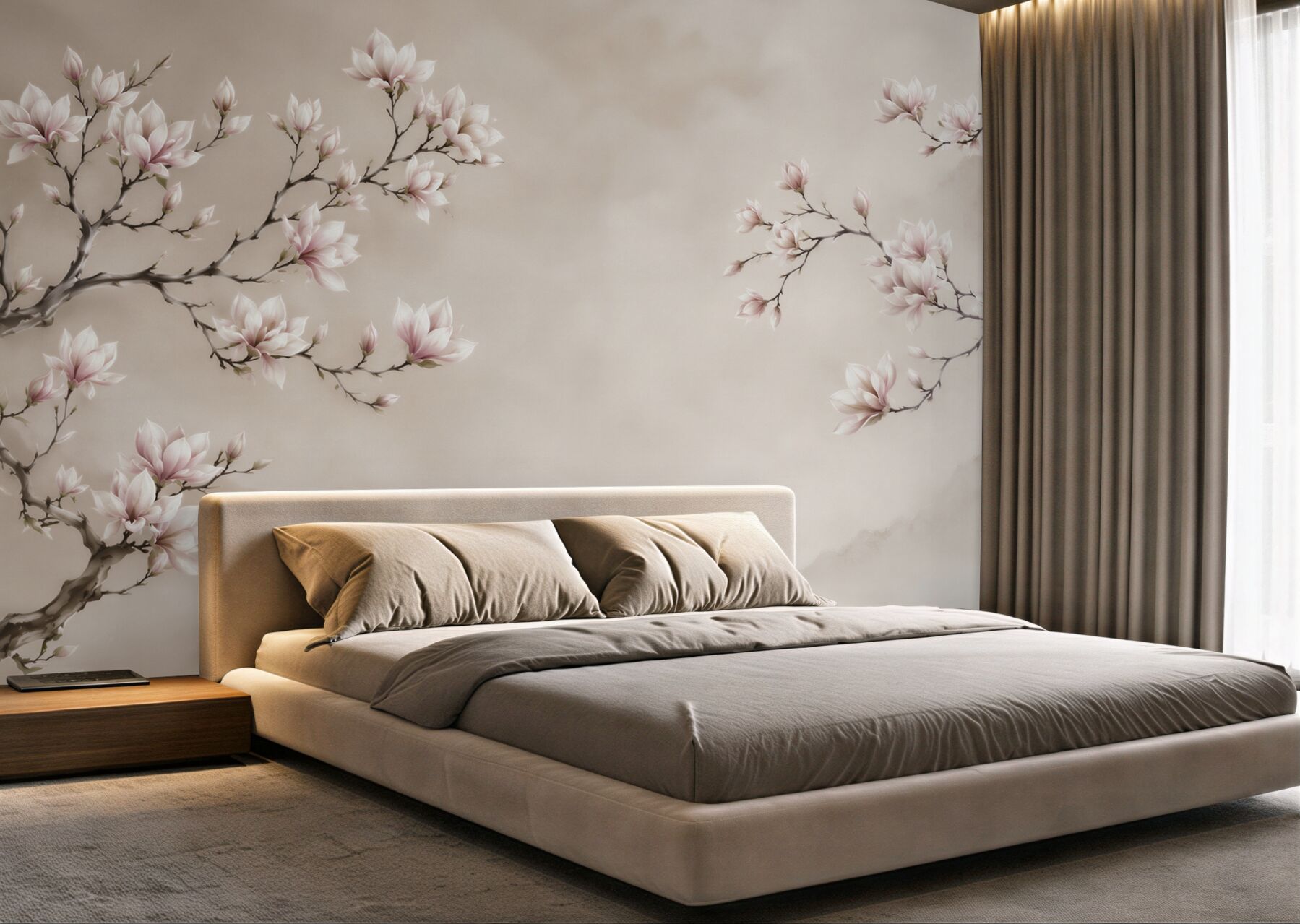 Fototapeta kwitnąca magnolia na beżowym tle w stylu orientalnym?v23
