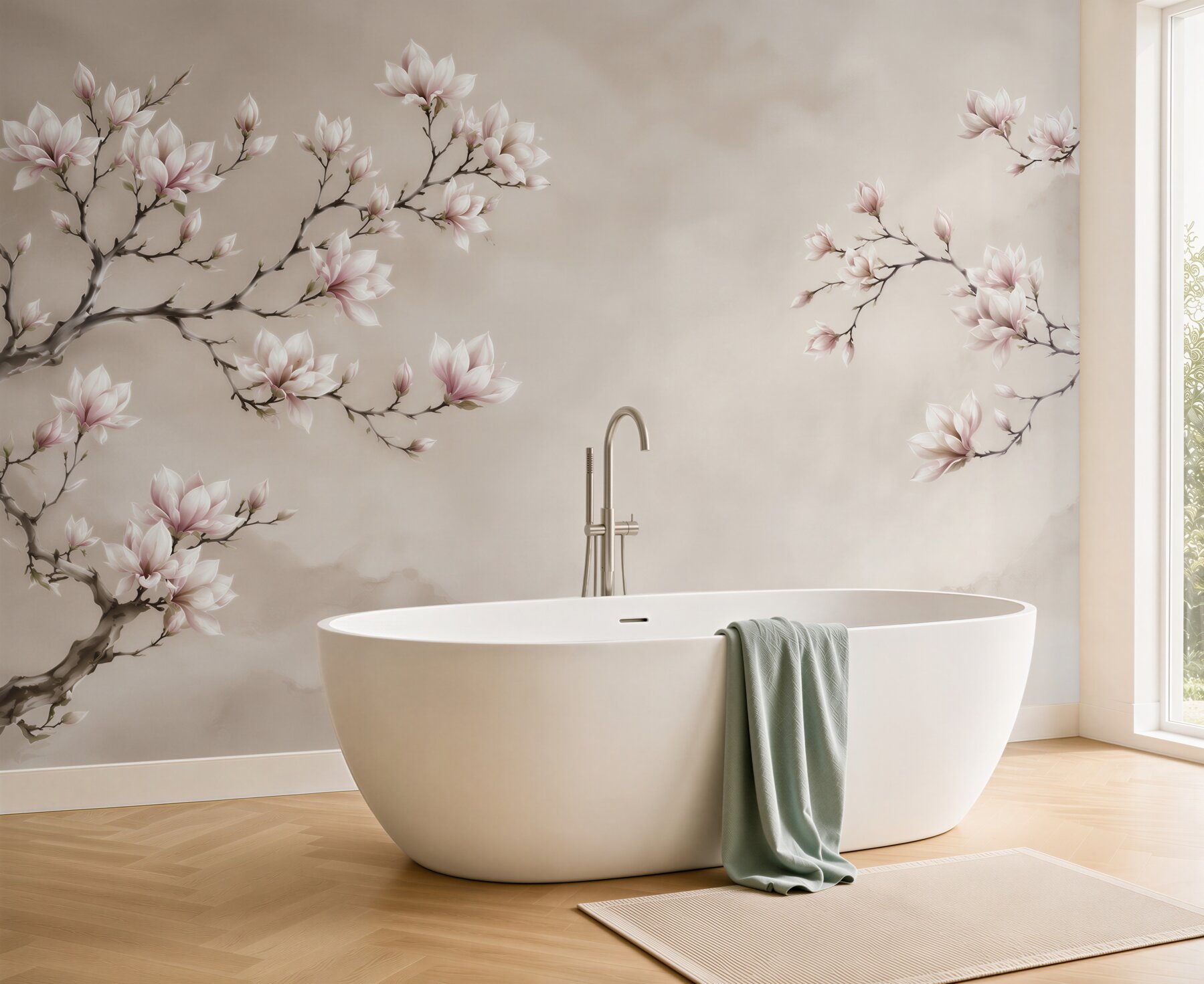 Fototapeta kwitnąca magnolia na beżowym tle w stylu orientalnym?v23