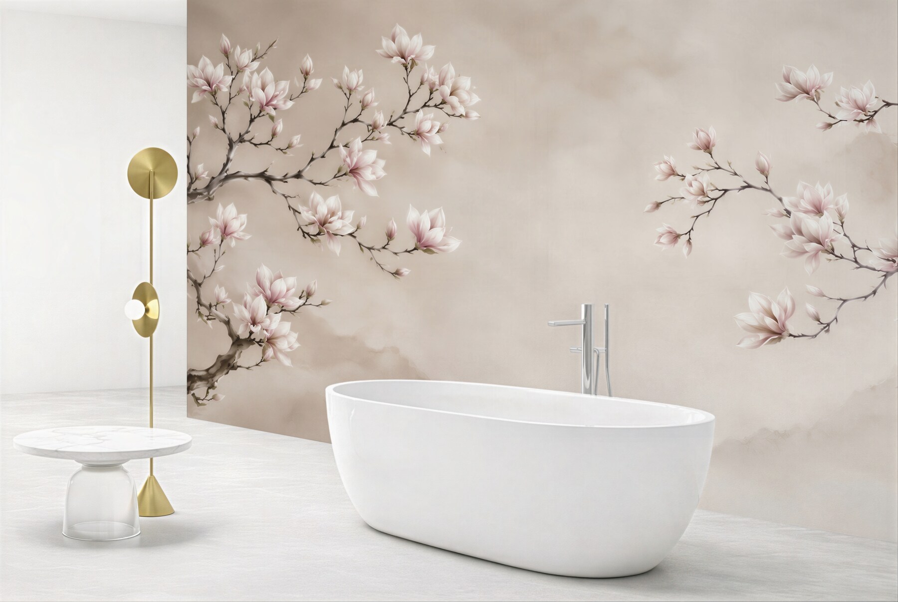 Fototapeta kwitnąca magnolia na beżowym tle w stylu orientalnym?v23
