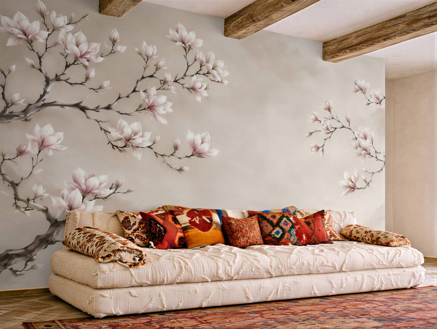 Fototapeta kwitnąca magnolia na beżowym tle w stylu orientalnym?v23