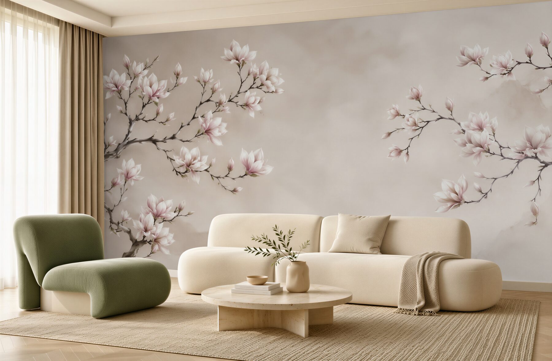 Fototapeta kwitnąca magnolia na beżowym tle w stylu orientalnym?v23