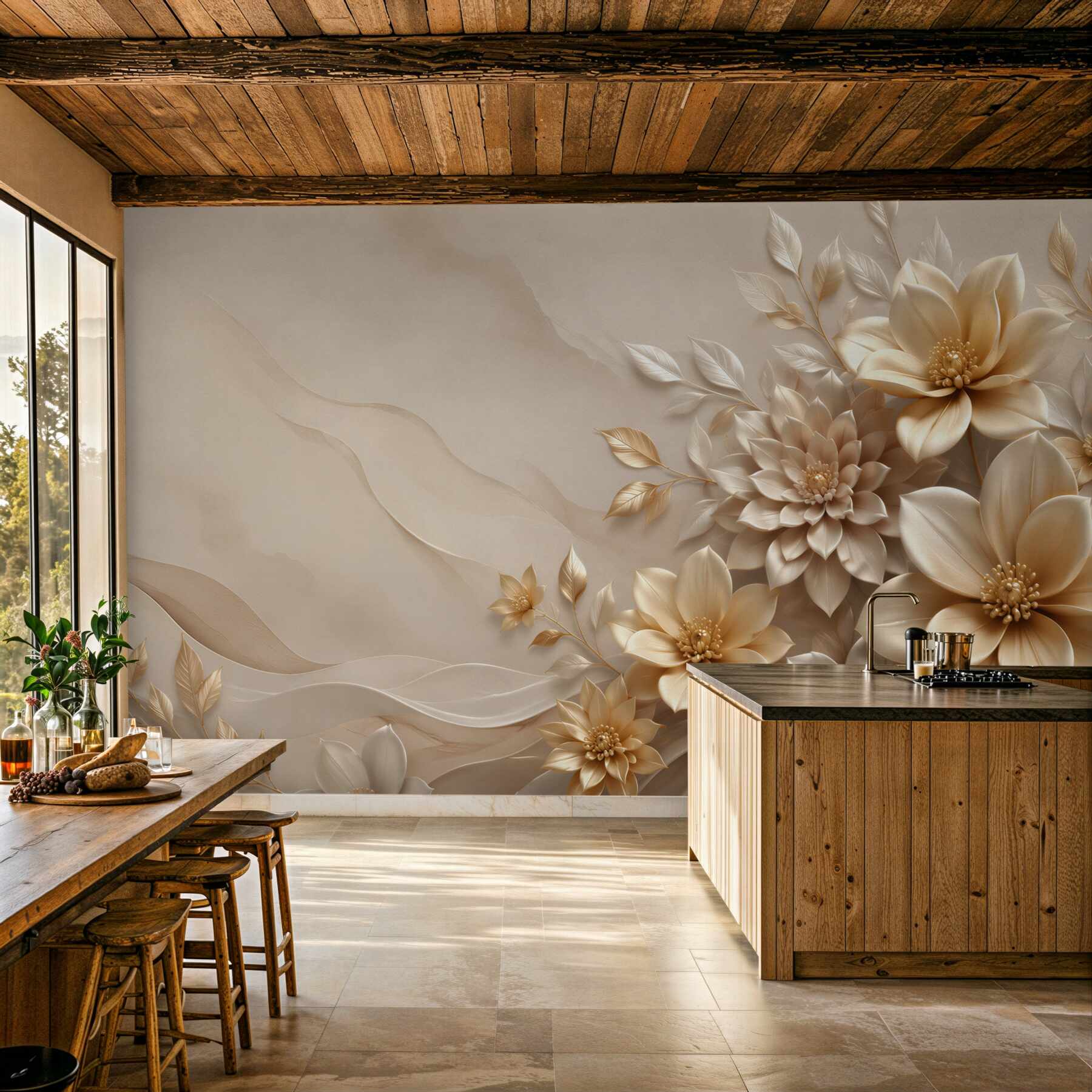 Fototapeta beżowe kwiaty 3D z delikatnymi liśćmi elegancka?v23