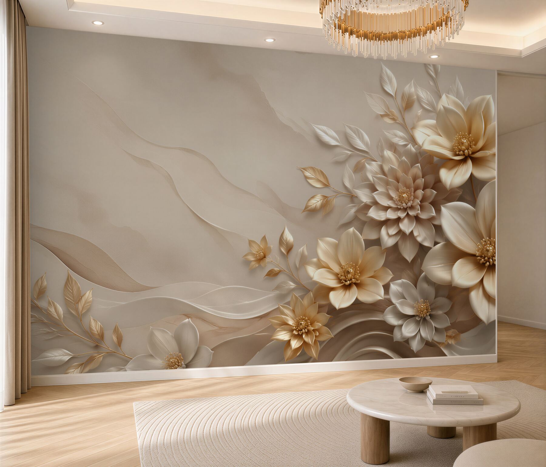 Fototapeta beżowe kwiaty 3D z delikatnymi liśćmi elegancka?v23