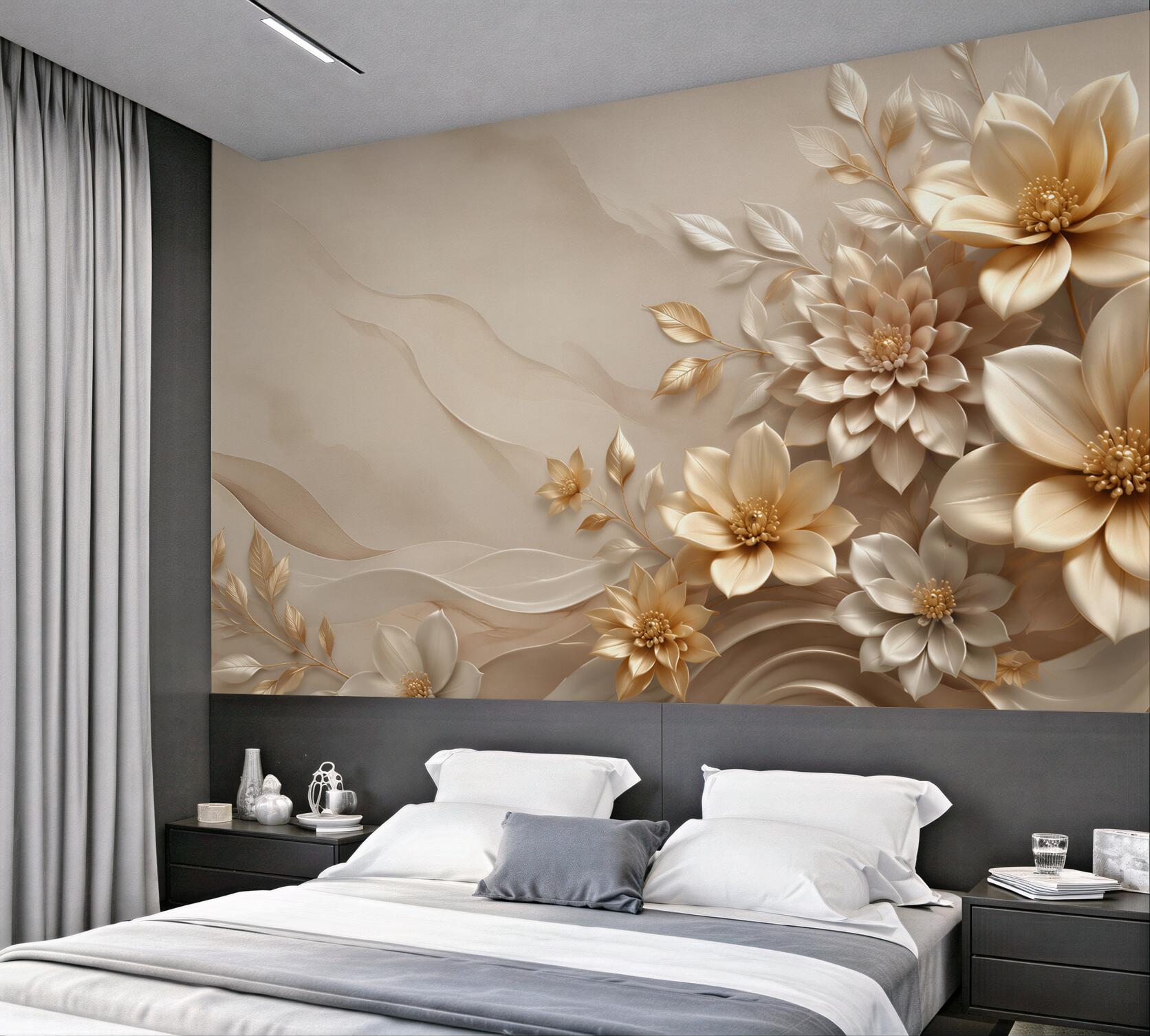 Fototapeta beżowe kwiaty 3D z delikatnymi liśćmi elegancka?v23