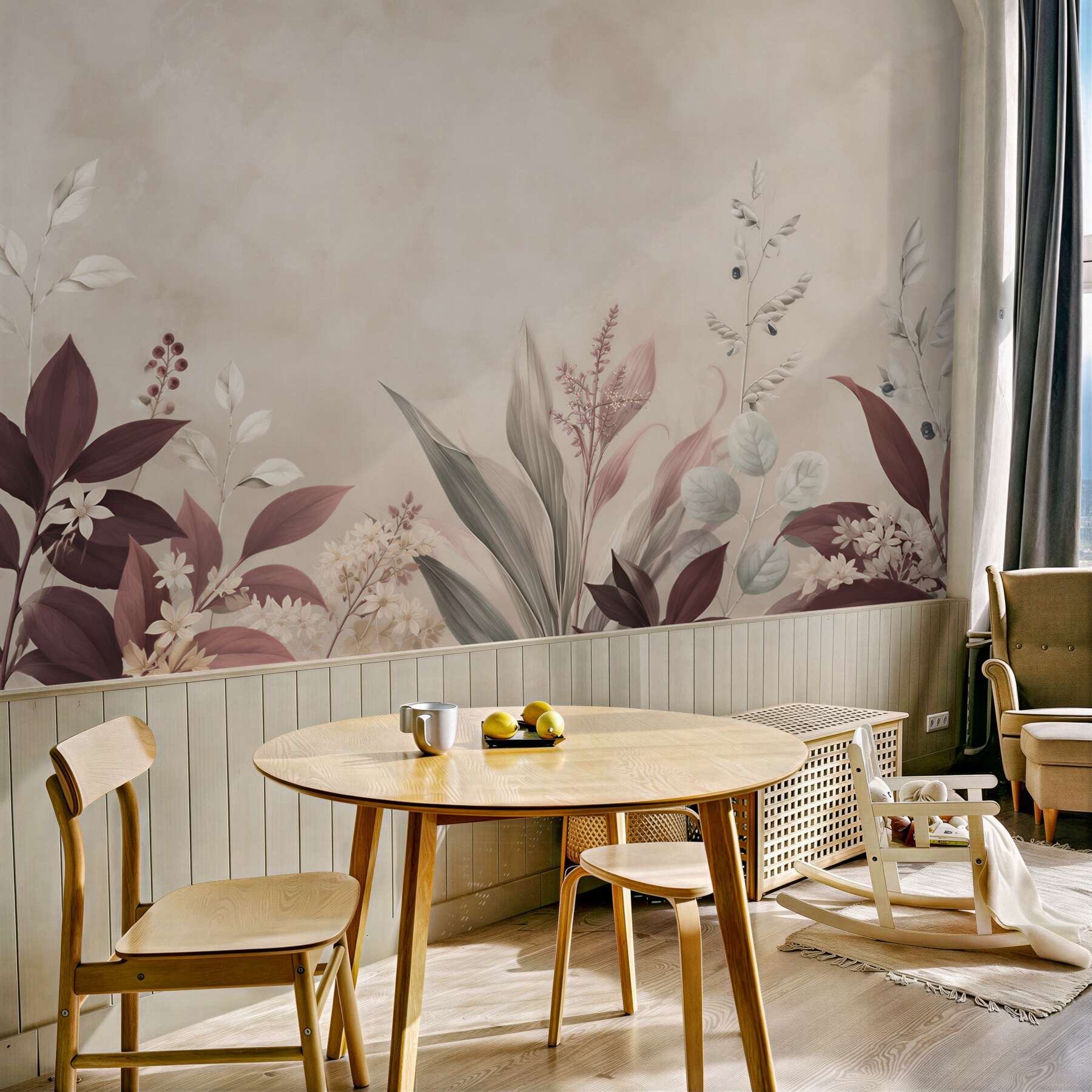 Fototapeta botaniczne liście i kwiaty w odcieniach bordo i beżu?v23