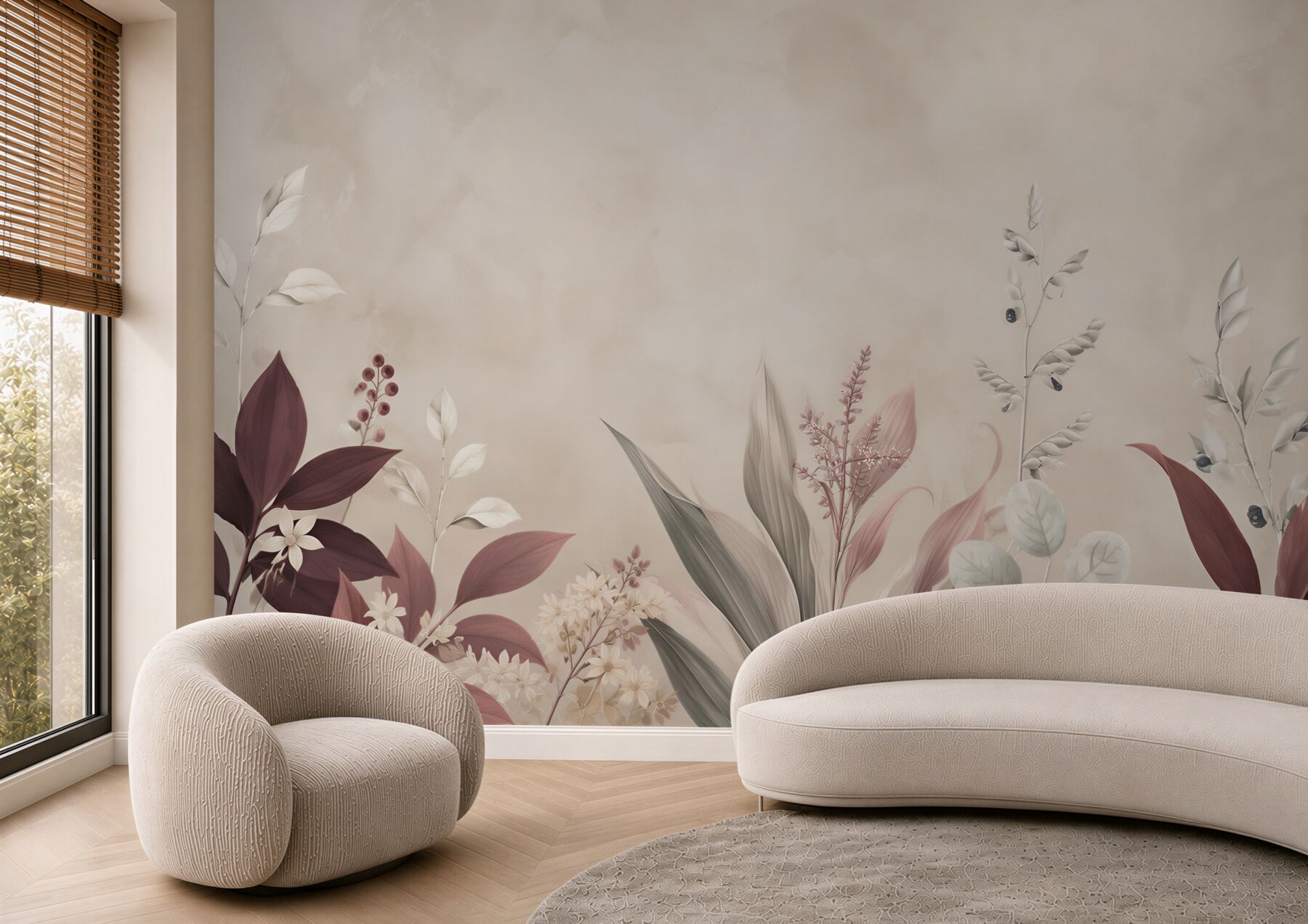 Fototapeta botaniczne liście i kwiaty w odcieniach bordo i beżu?v23