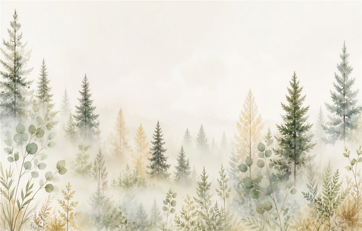 Fototapeta leśne drzewa we mgle w pastelowych odcieniach