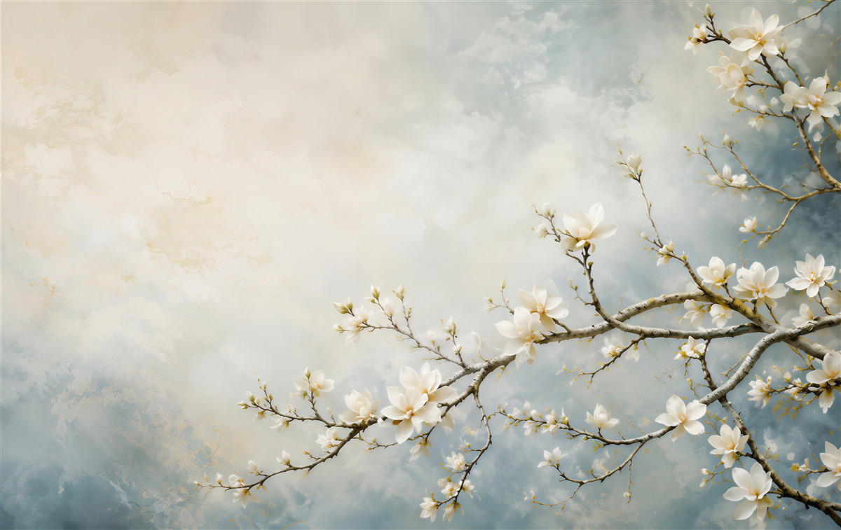 Fototapeta białe magnolie na gałęziach na błękitnym tle elegancka