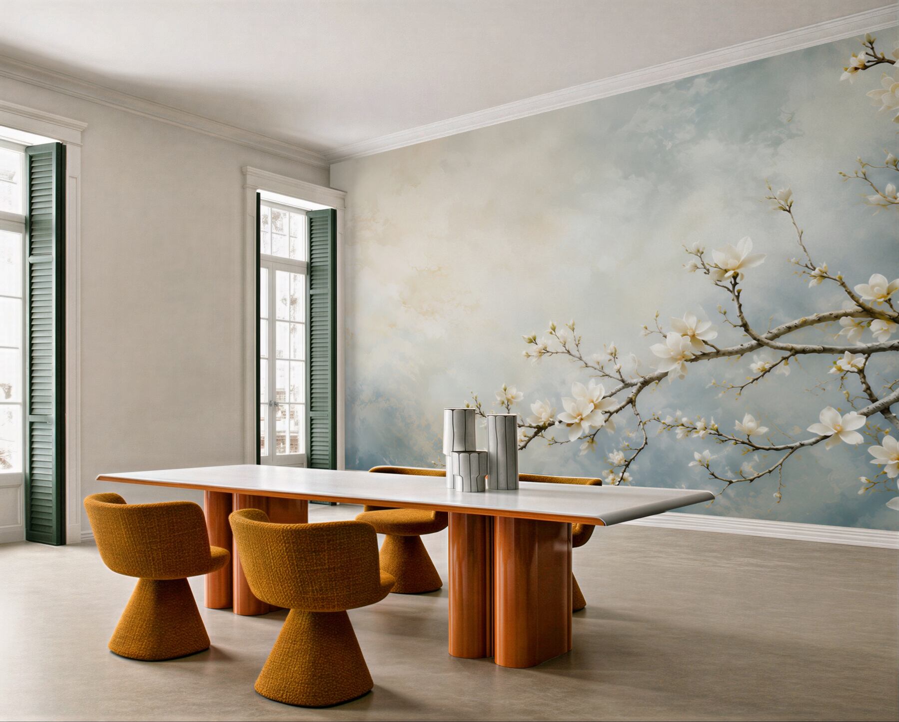 Fototapeta białe magnolie na gałęziach na błękitnym tle elegancka?v23