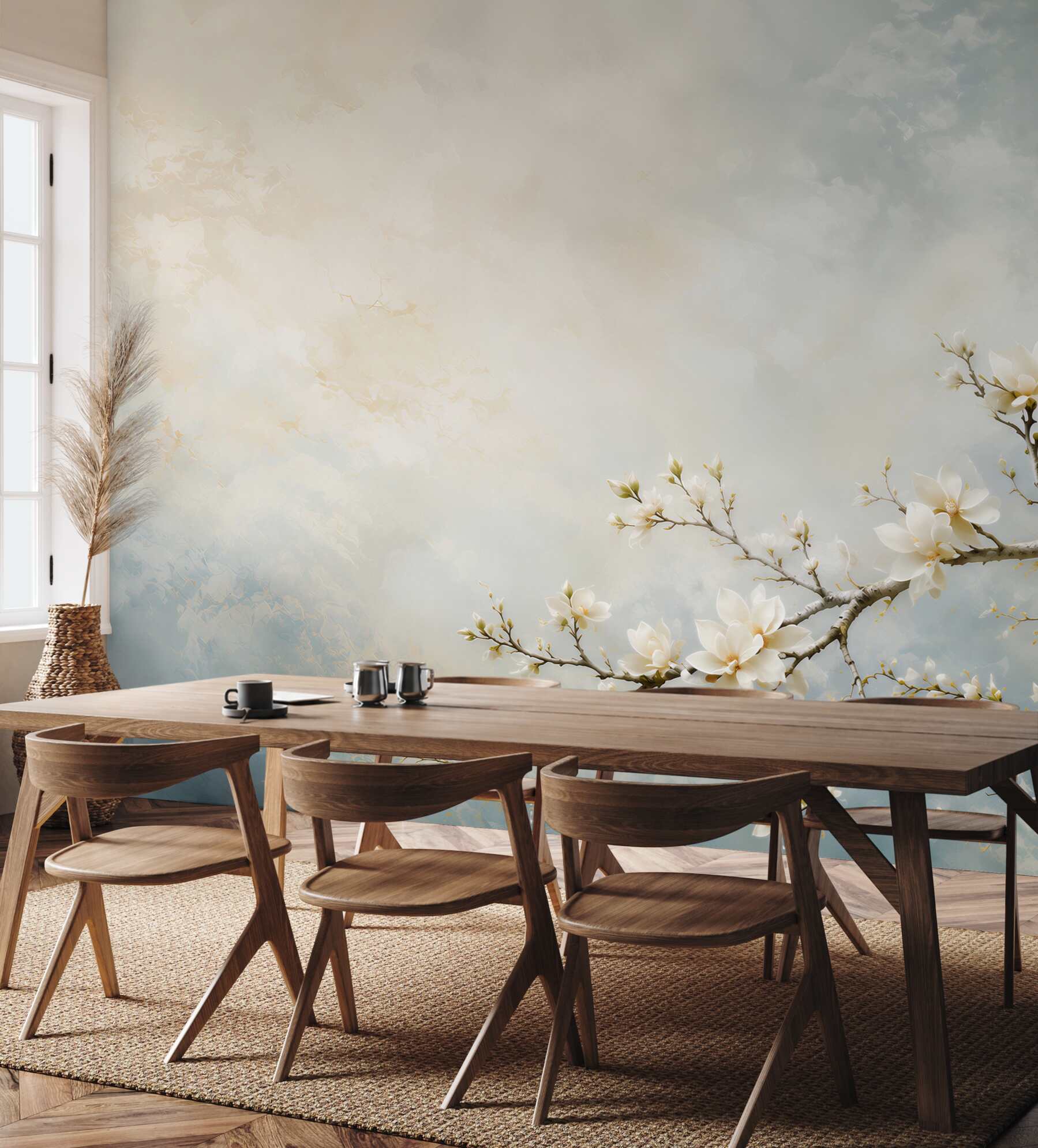 Fototapeta białe magnolie na gałęziach na błękitnym tle elegancka?v23