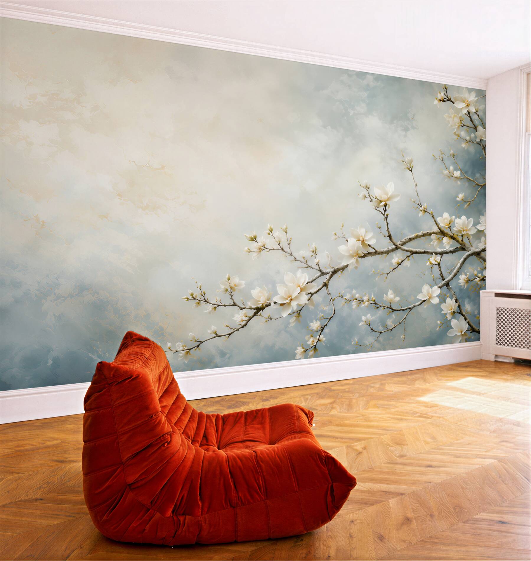 Fototapeta białe magnolie na gałęziach na błękitnym tle elegancka?v23
