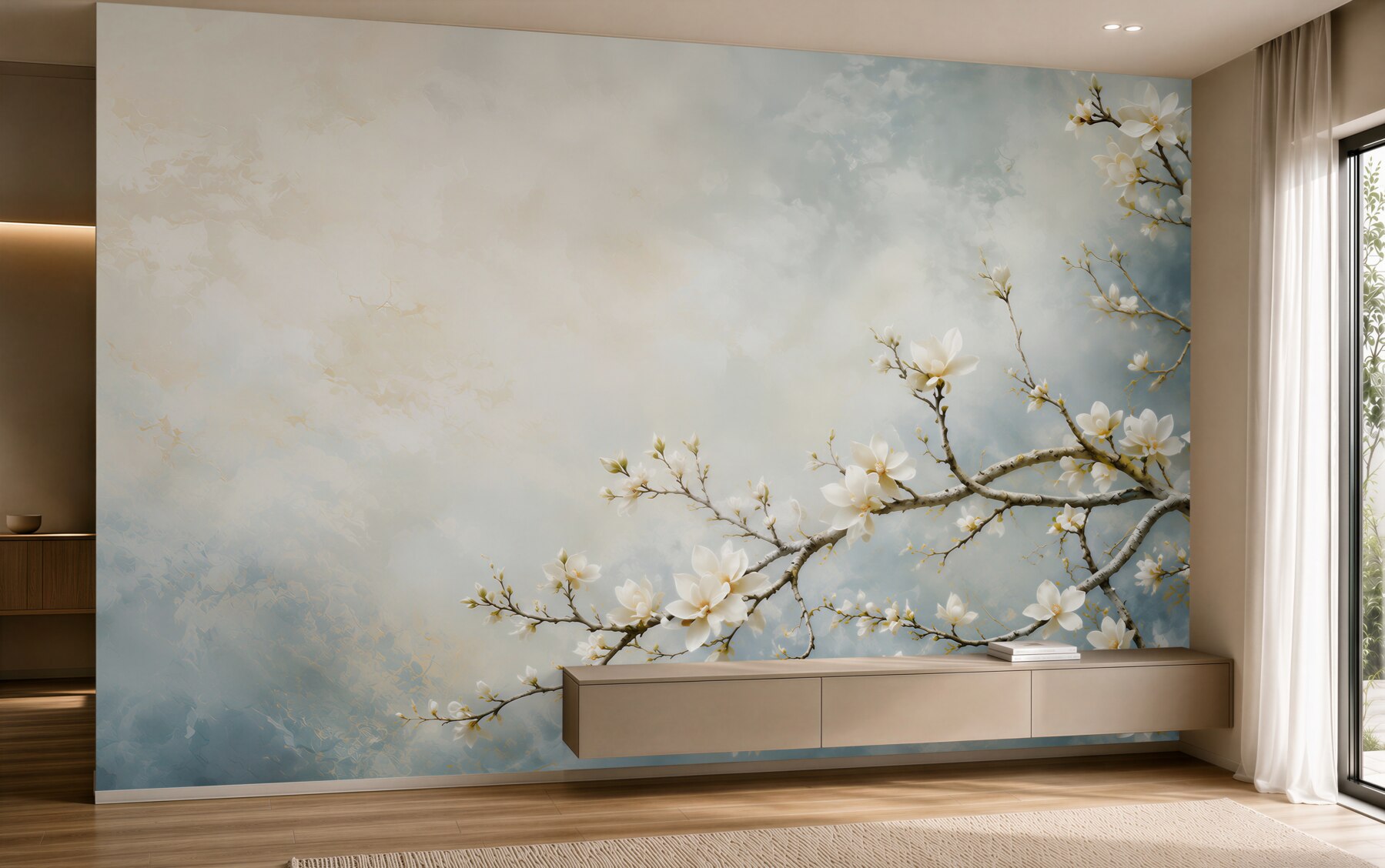 Fototapeta białe magnolie na gałęziach na błękitnym tle elegancka?v23