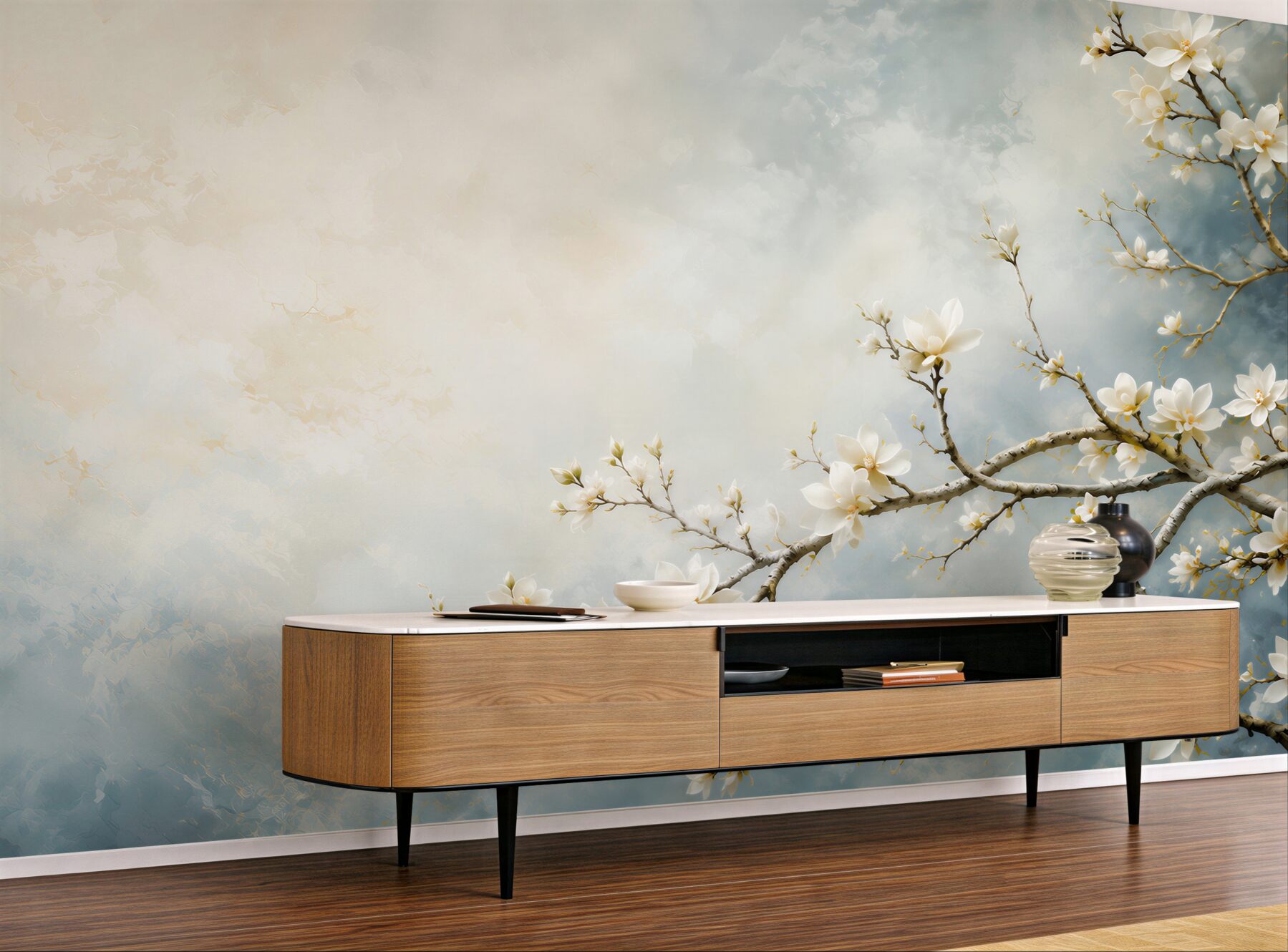 Fototapeta białe magnolie na gałęziach na błękitnym tle elegancka?v23