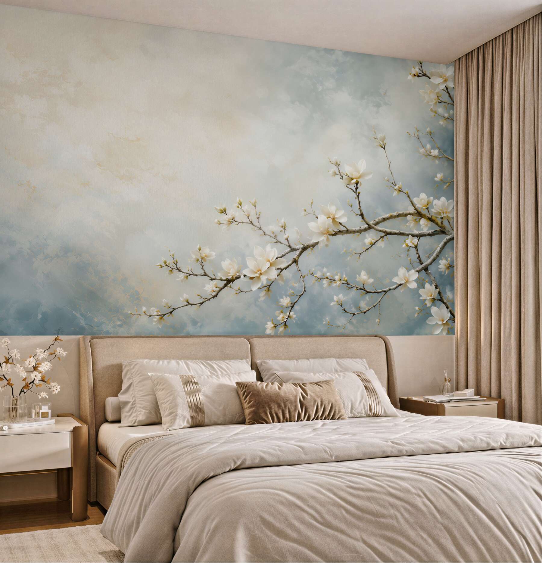 Fototapeta białe magnolie na gałęziach na błękitnym tle elegancka?v23