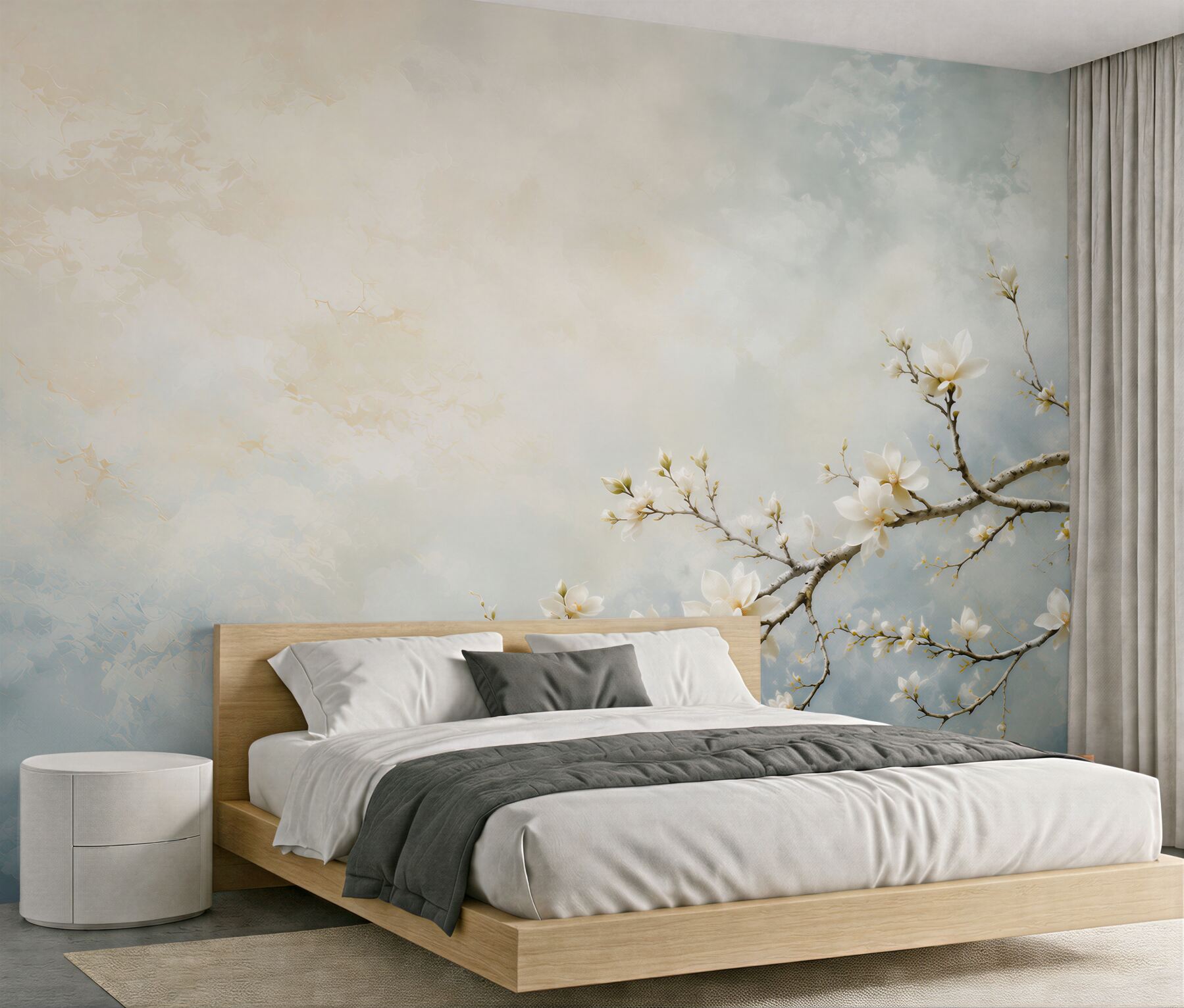 Fototapeta białe magnolie na gałęziach na błękitnym tle elegancka?v23