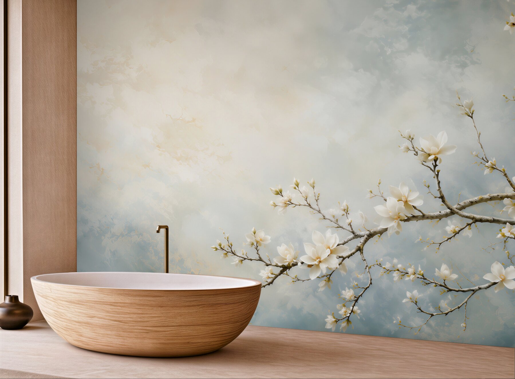 Fototapeta białe magnolie na gałęziach na błękitnym tle elegancka?v23