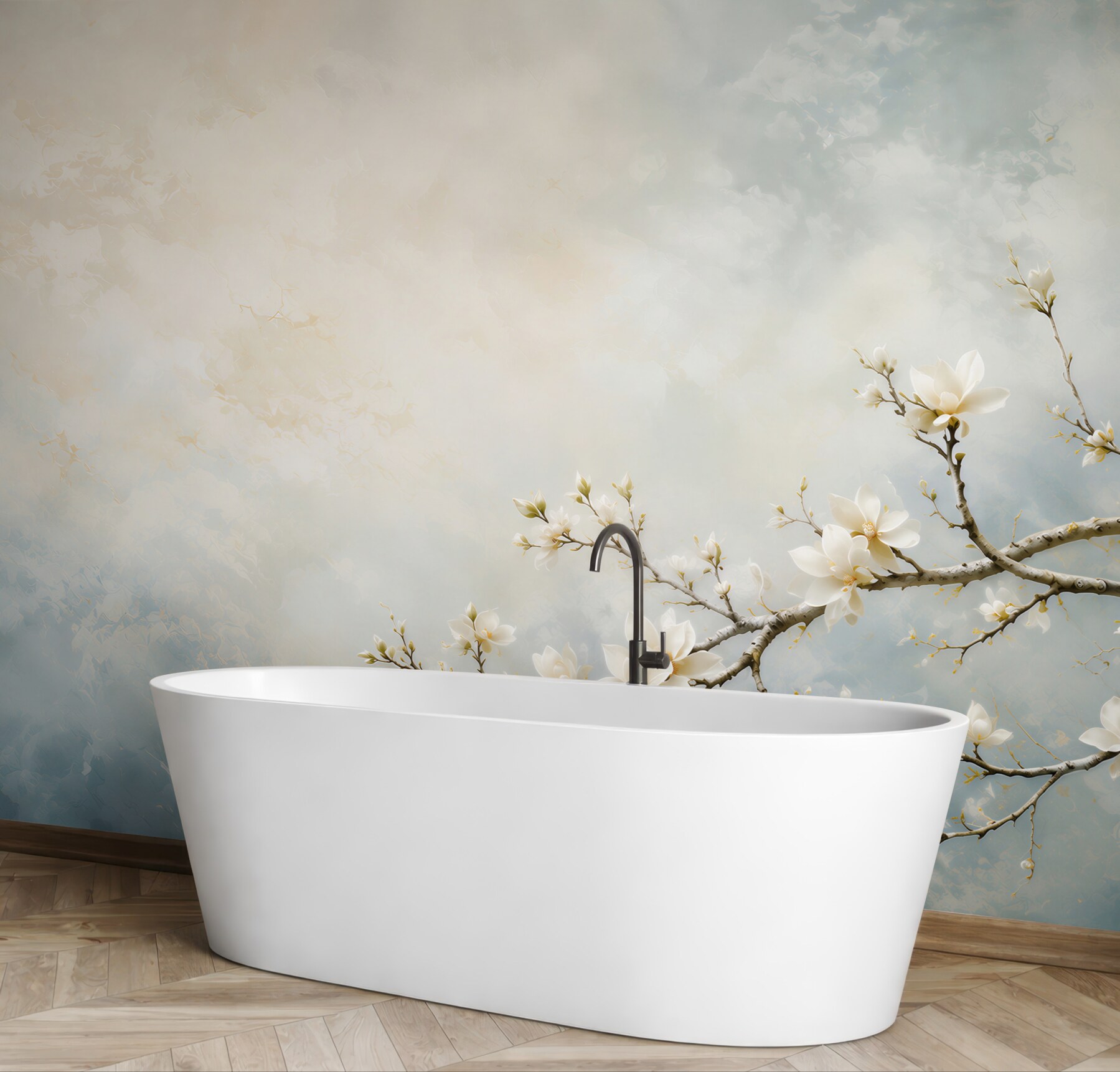 Fototapeta białe magnolie na gałęziach na błękitnym tle elegancka?v23