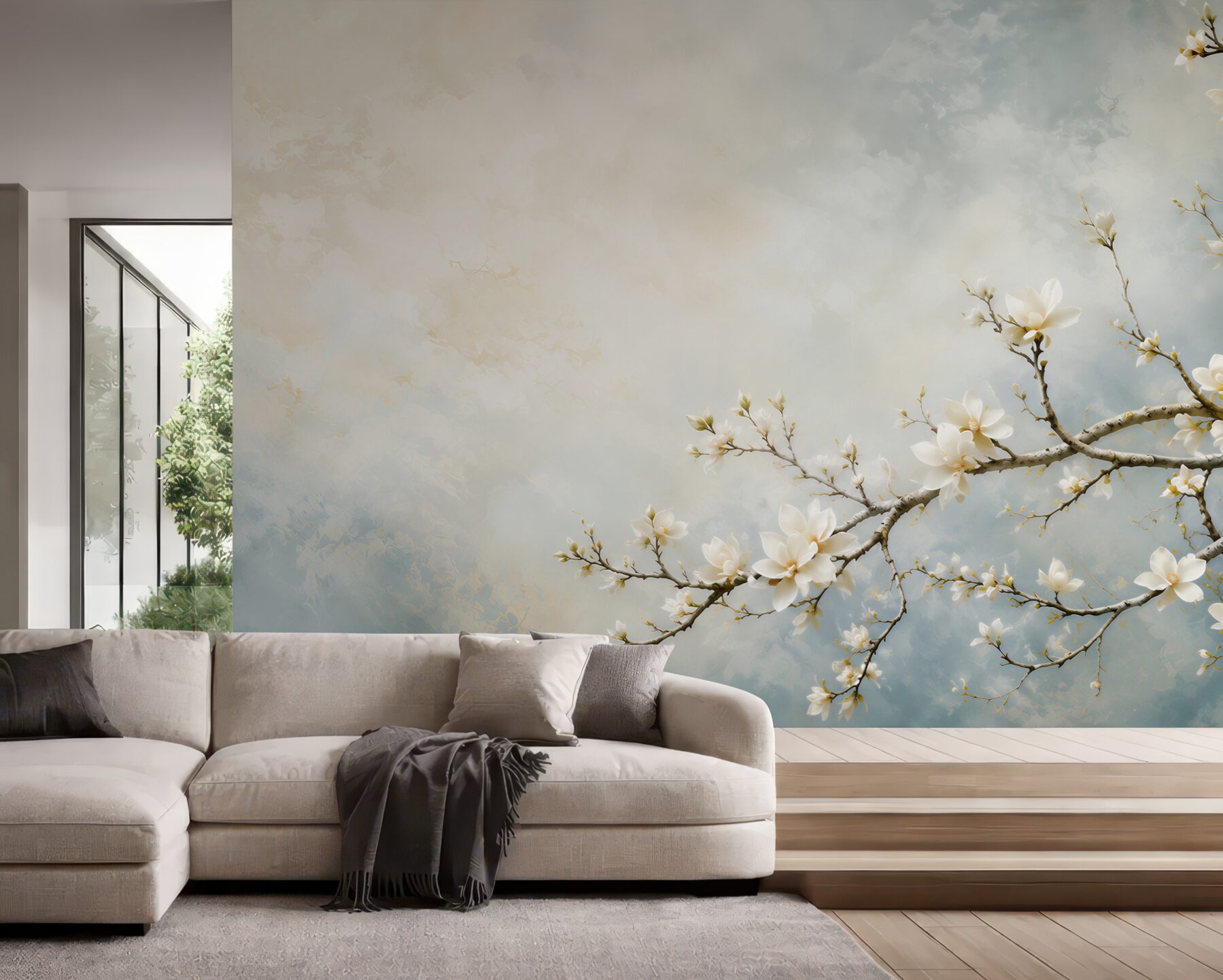 Fototapeta białe magnolie na gałęziach na błękitnym tle elegancka?v23