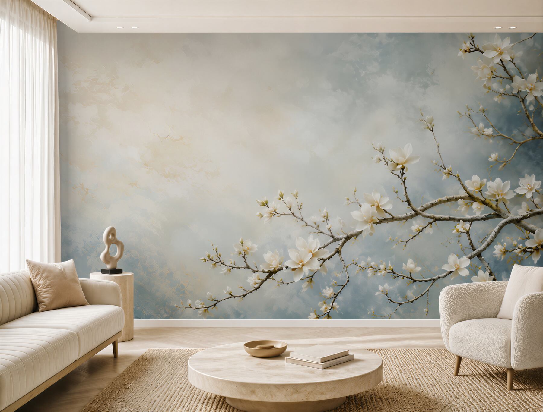 Fototapeta białe magnolie na gałęziach na błękitnym tle elegancka?v23