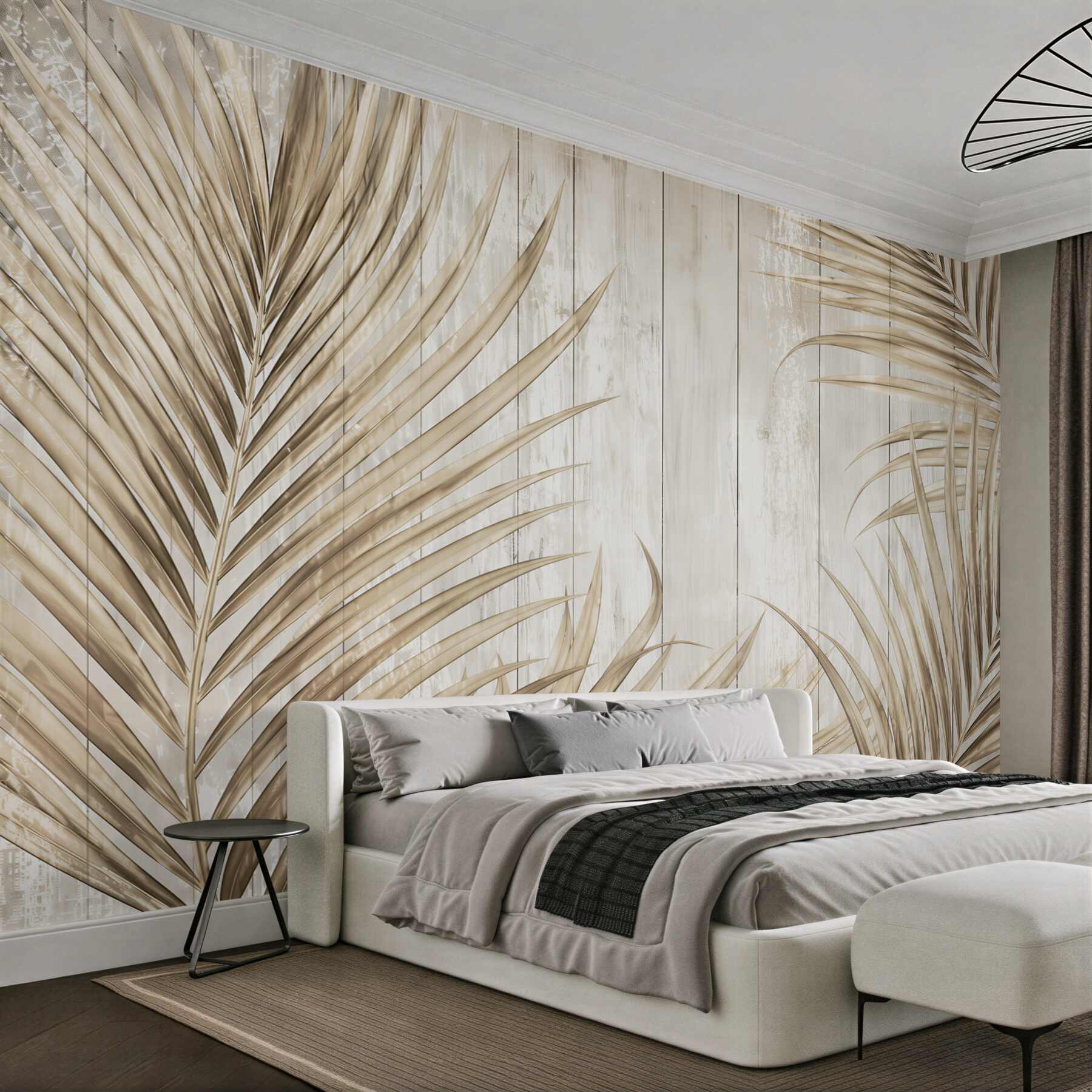 Fototapeta beżowe liście palmowe na jasnym drewnie boho?v23