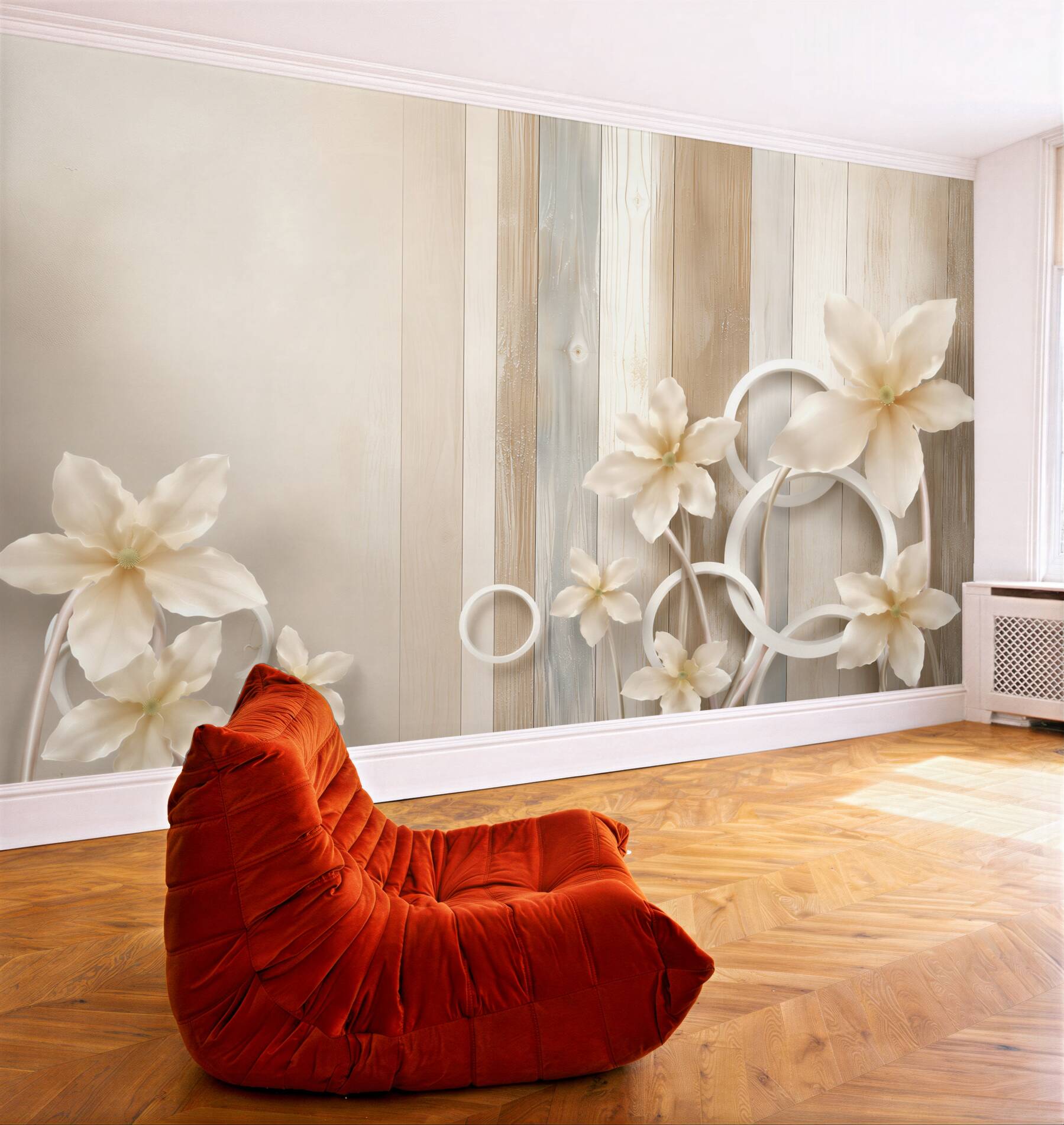 Fototapeta kwiaty 3D kremowe na drewnianym tle elegancka?v23