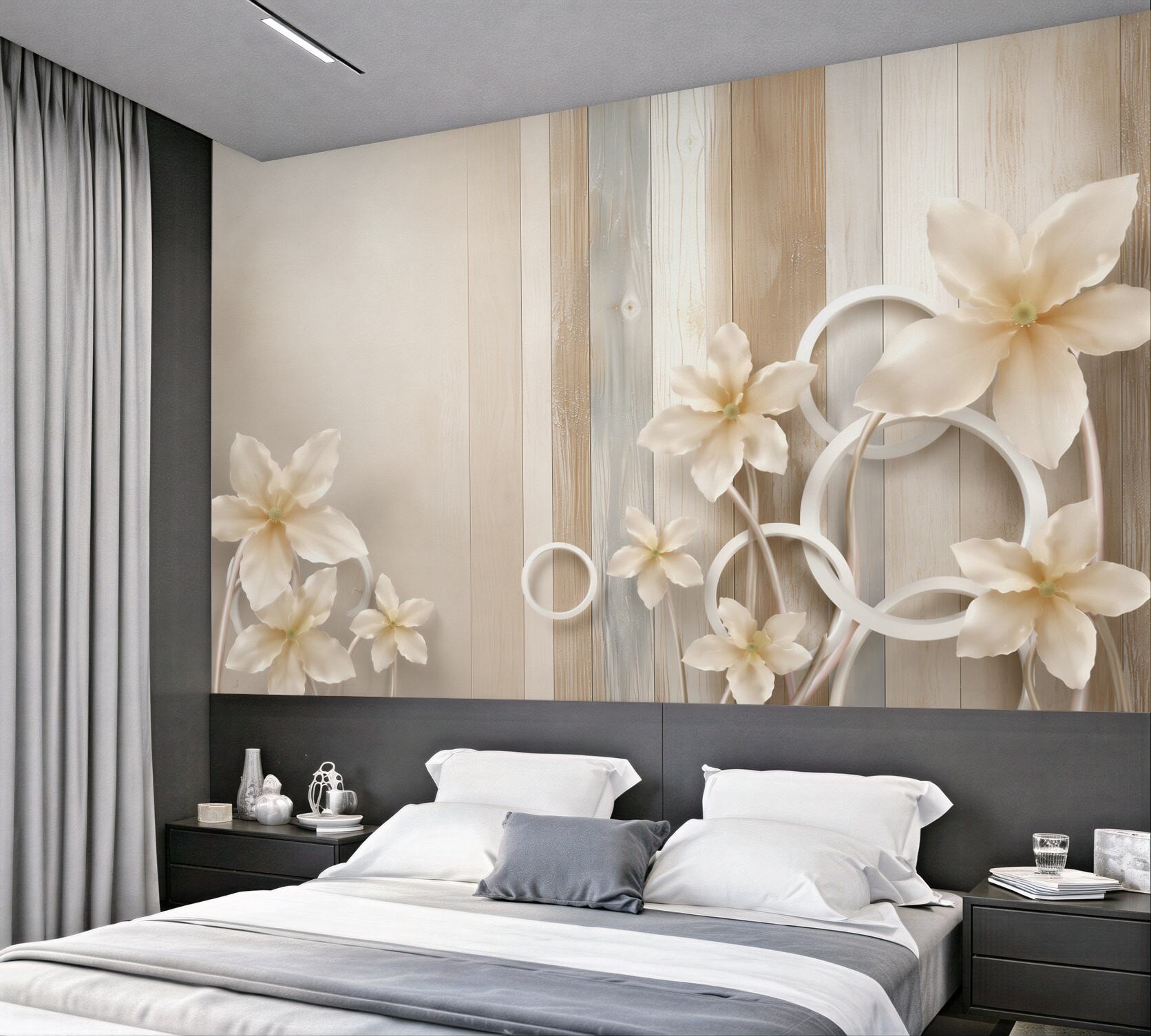 Fototapeta kwiaty 3D kremowe na drewnianym tle elegancka?v23