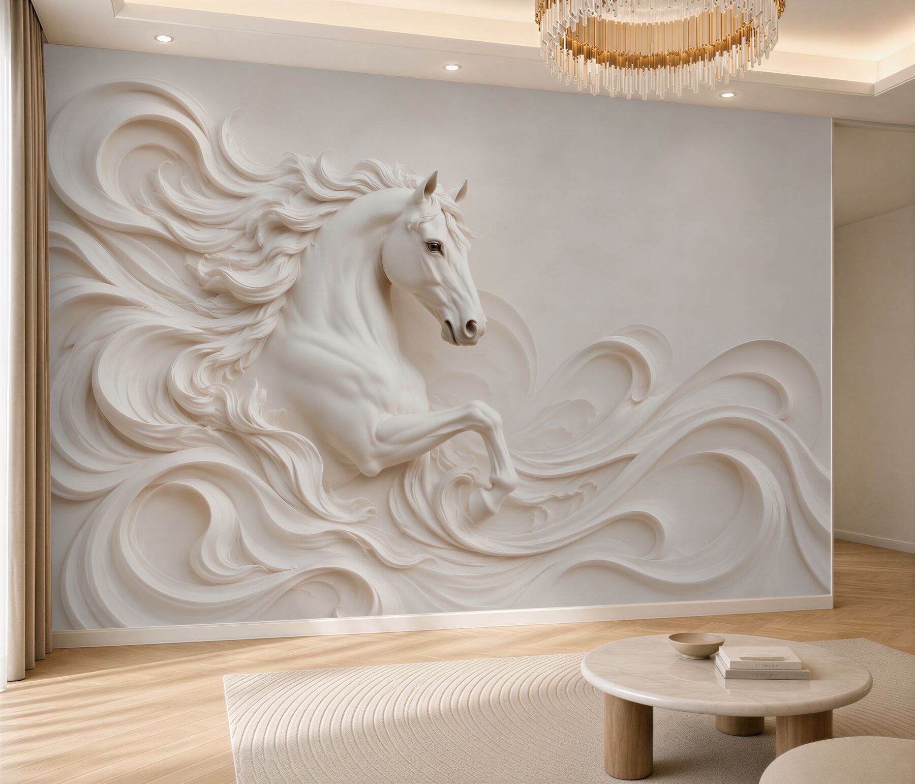 Fototapeta biały koń 3D w falach elegancka dekoracja ścienna?v23