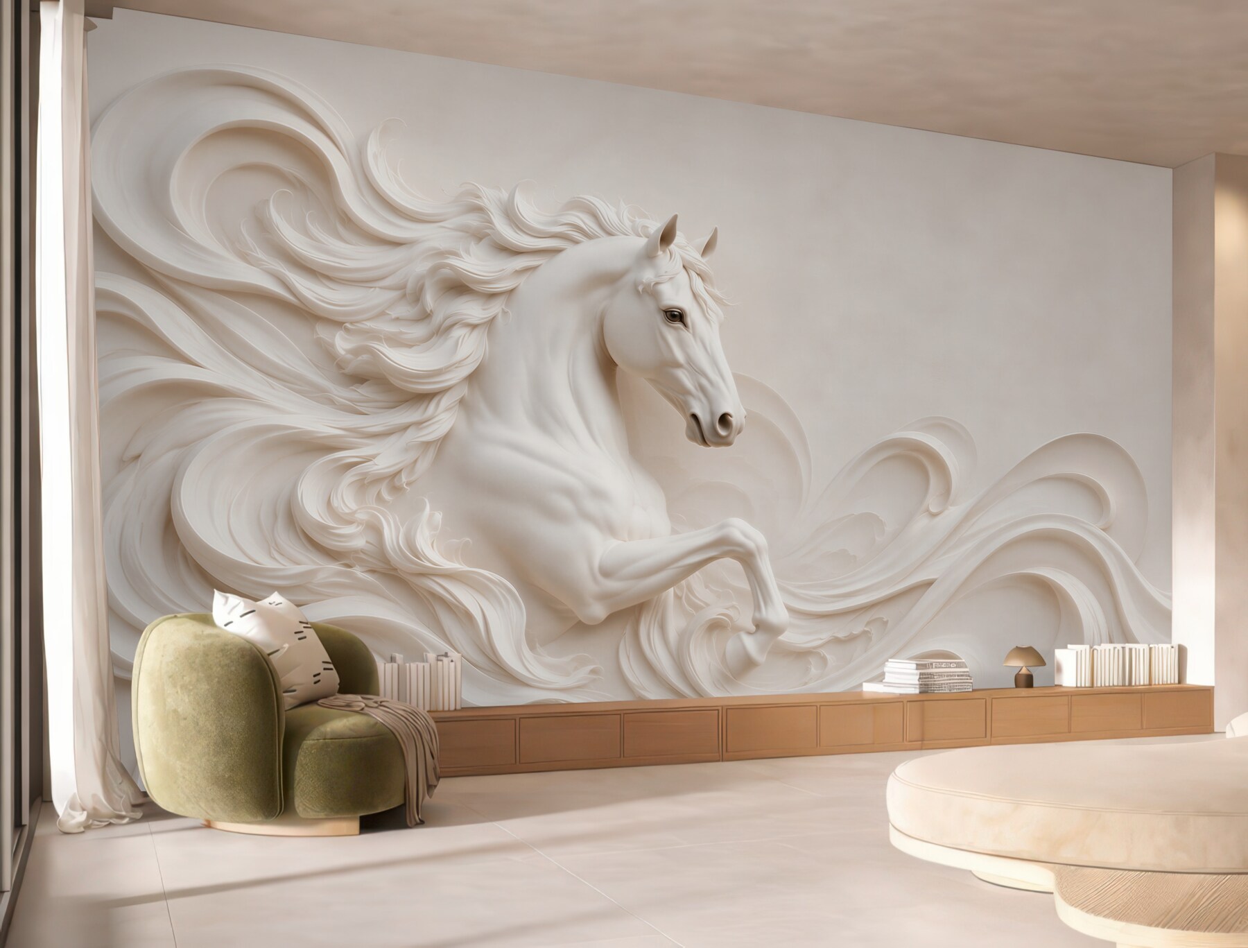 Fototapeta biały koń 3D w falach elegancka dekoracja ścienna?v23