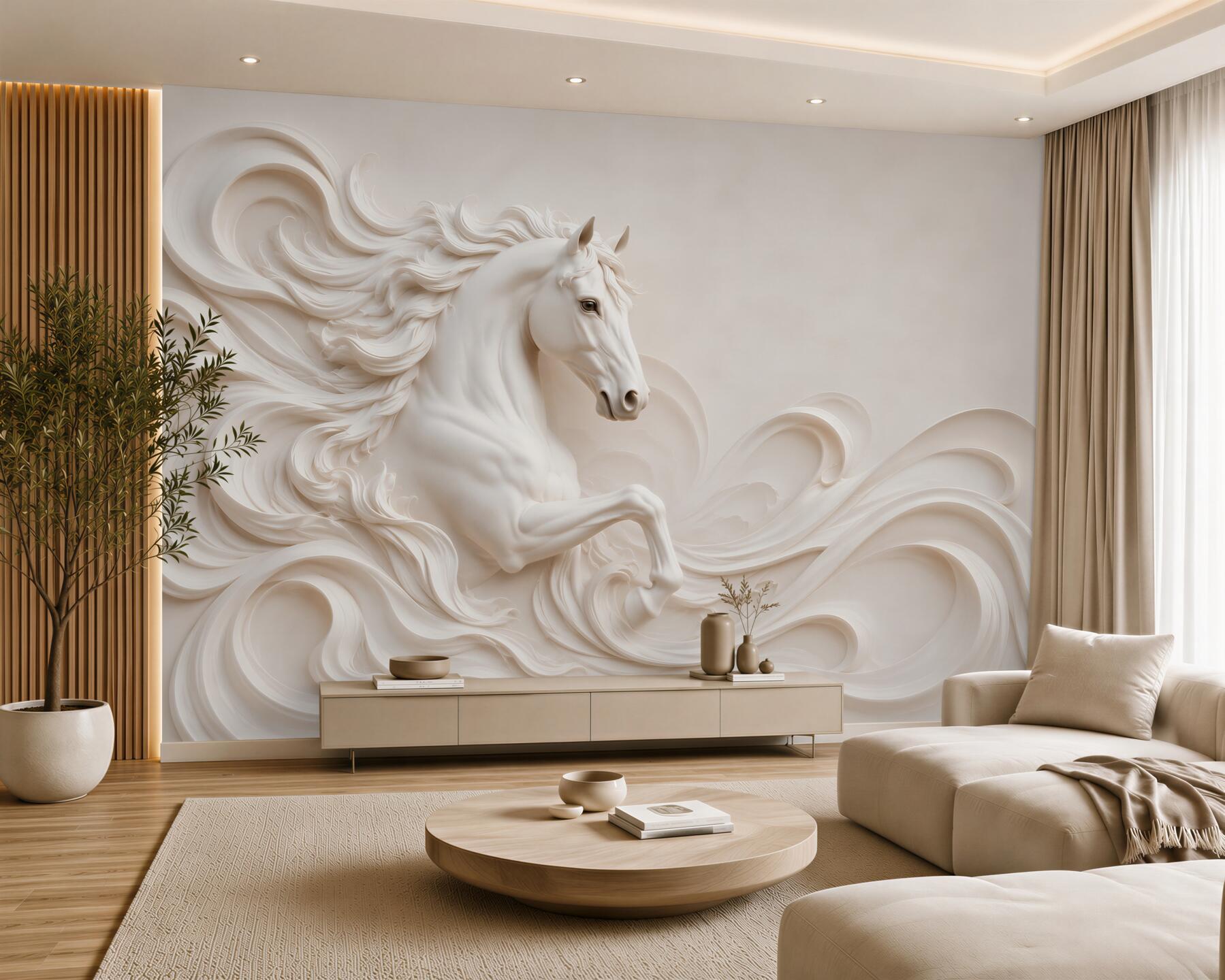 Fototapeta biały koń 3D w falach elegancka dekoracja ścienna