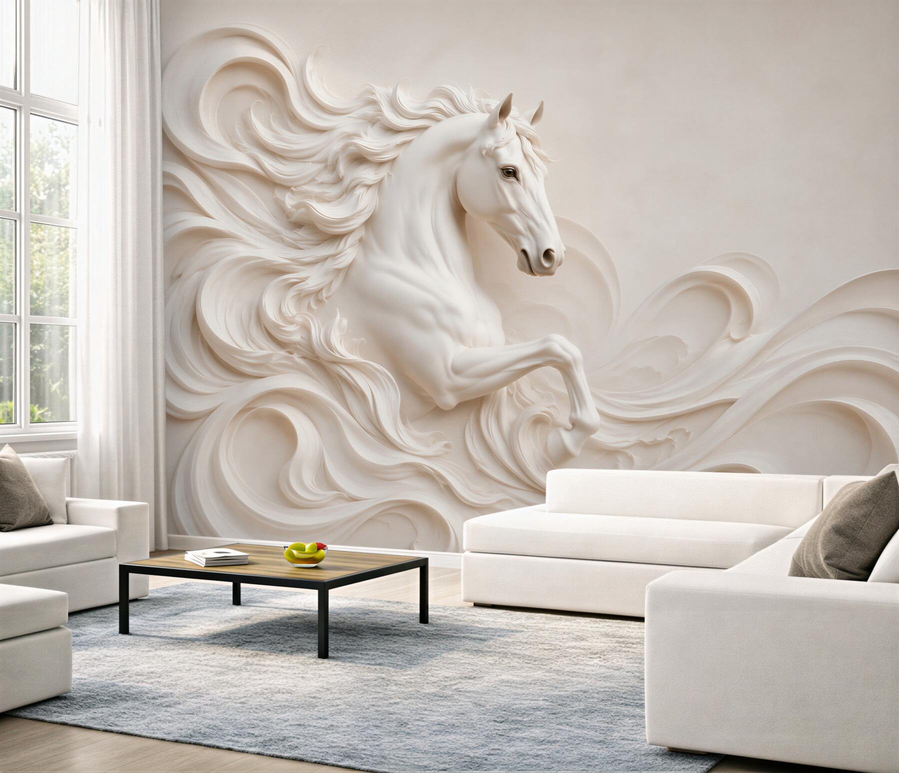 Fototapeta biały koń 3D w falach elegancka dekoracja ścienna?v23