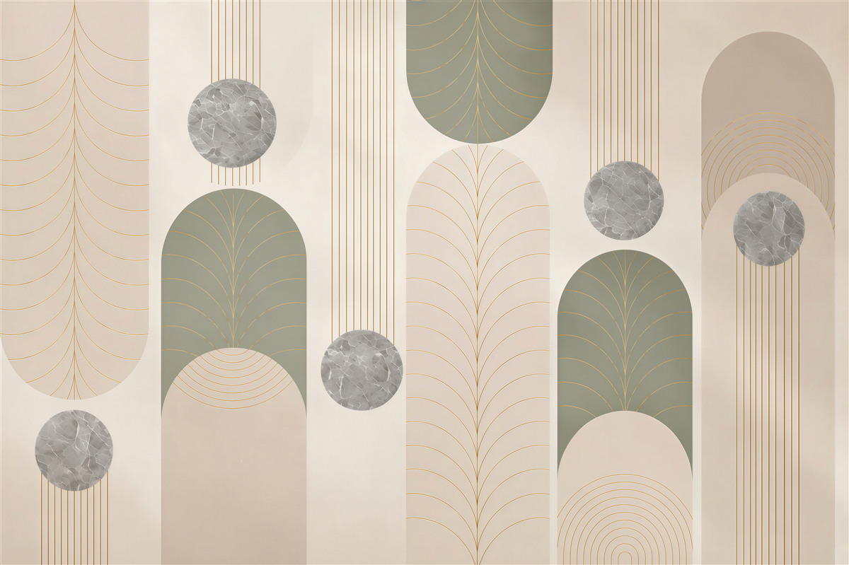 Fototapeta geometryczne łuki art deco beżowo szare ze złotem