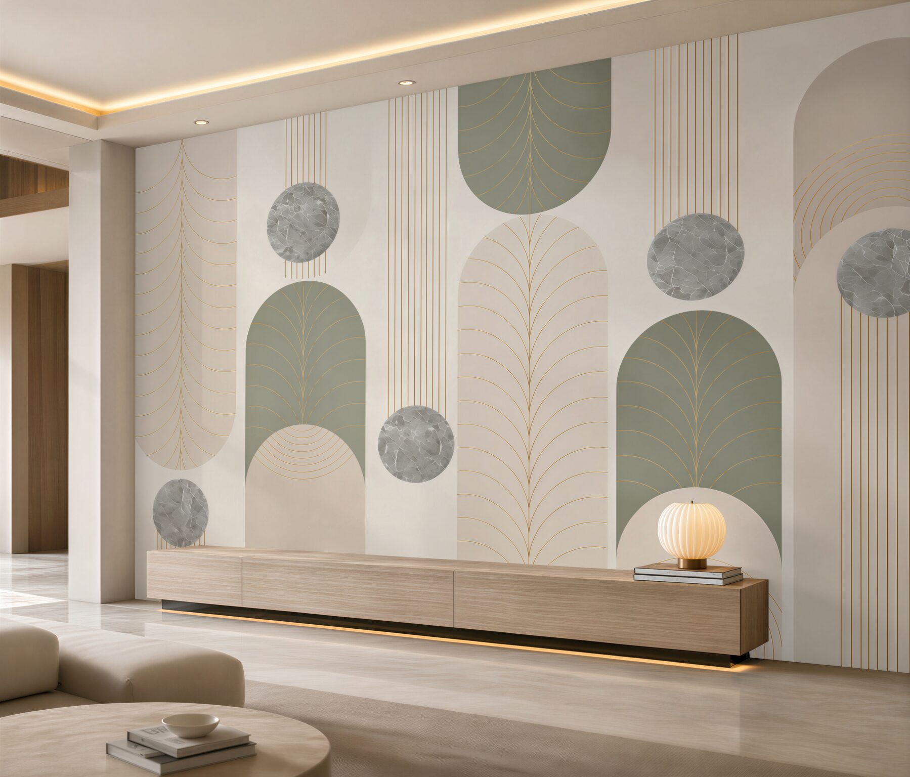 Fototapeta geometryczne łuki art deco beżowo szare ze złotem