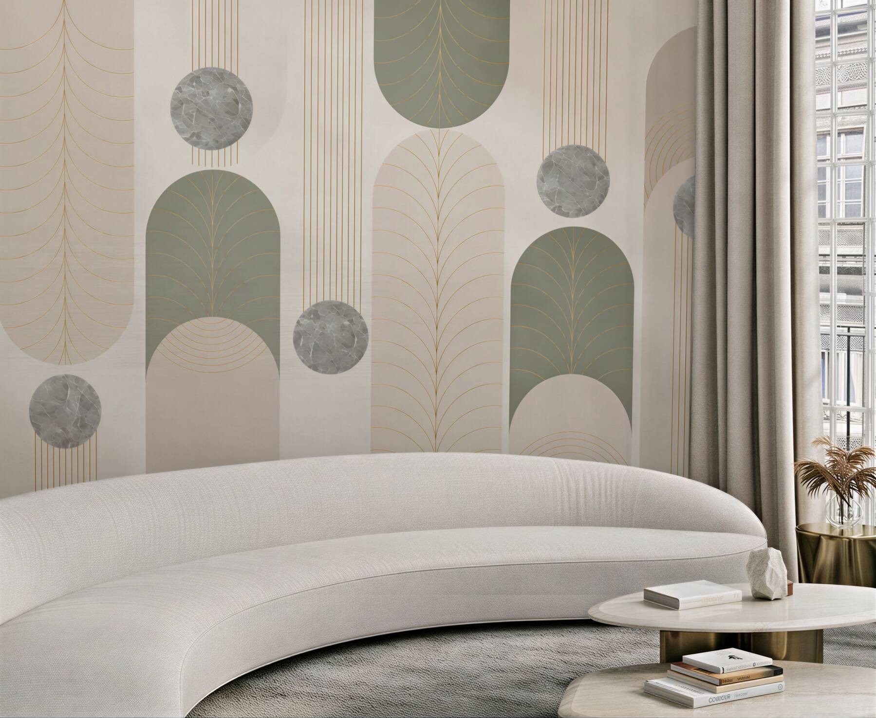Fototapeta geometryczne łuki art deco beżowo szare ze złotem?v23