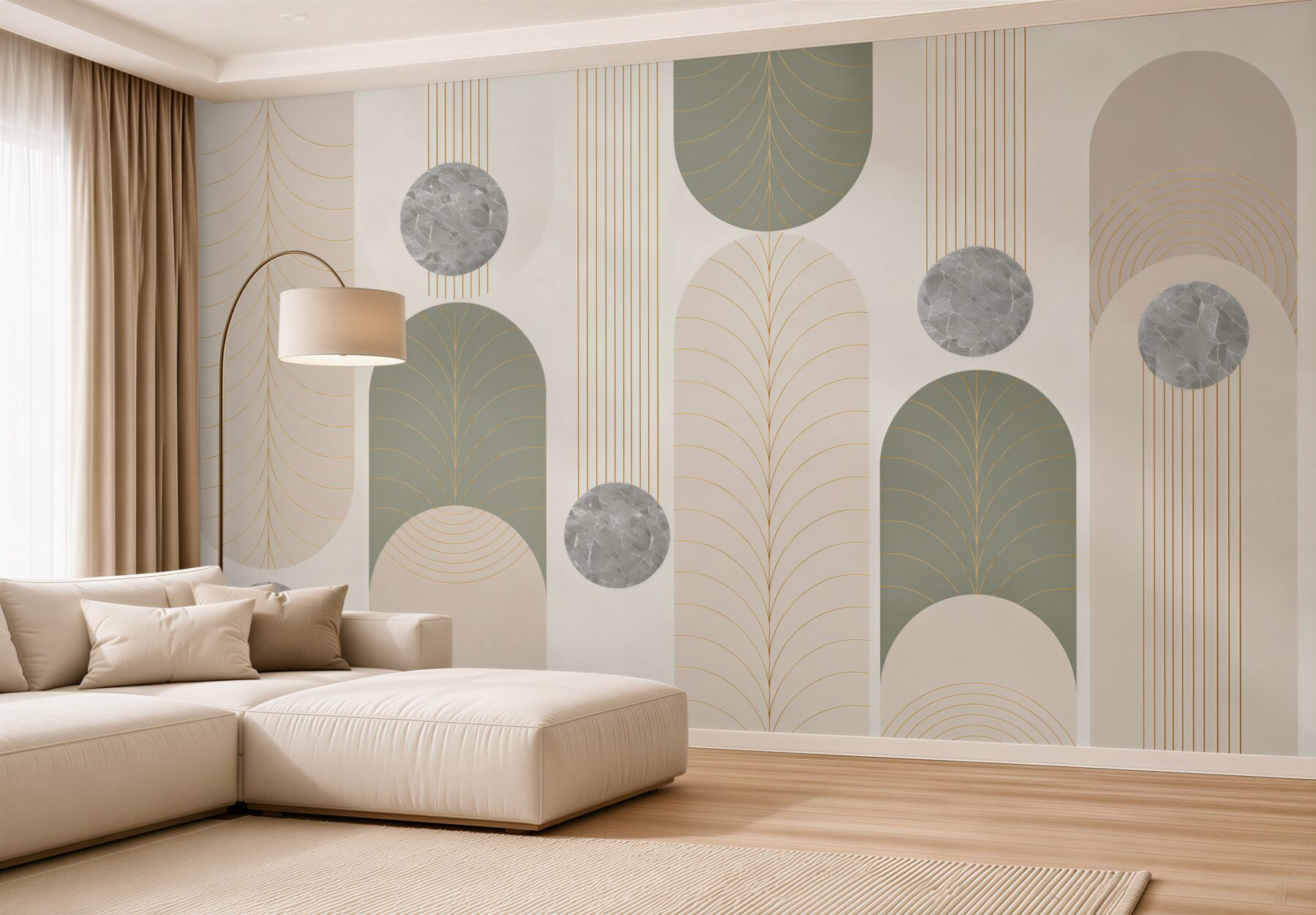 Fototapeta geometryczne łuki art deco beżowo szare ze złotem?v23