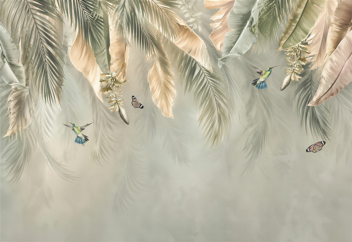 Fototapeta liście tropikalne z kolibrami w beżowo zielonej aranżacji