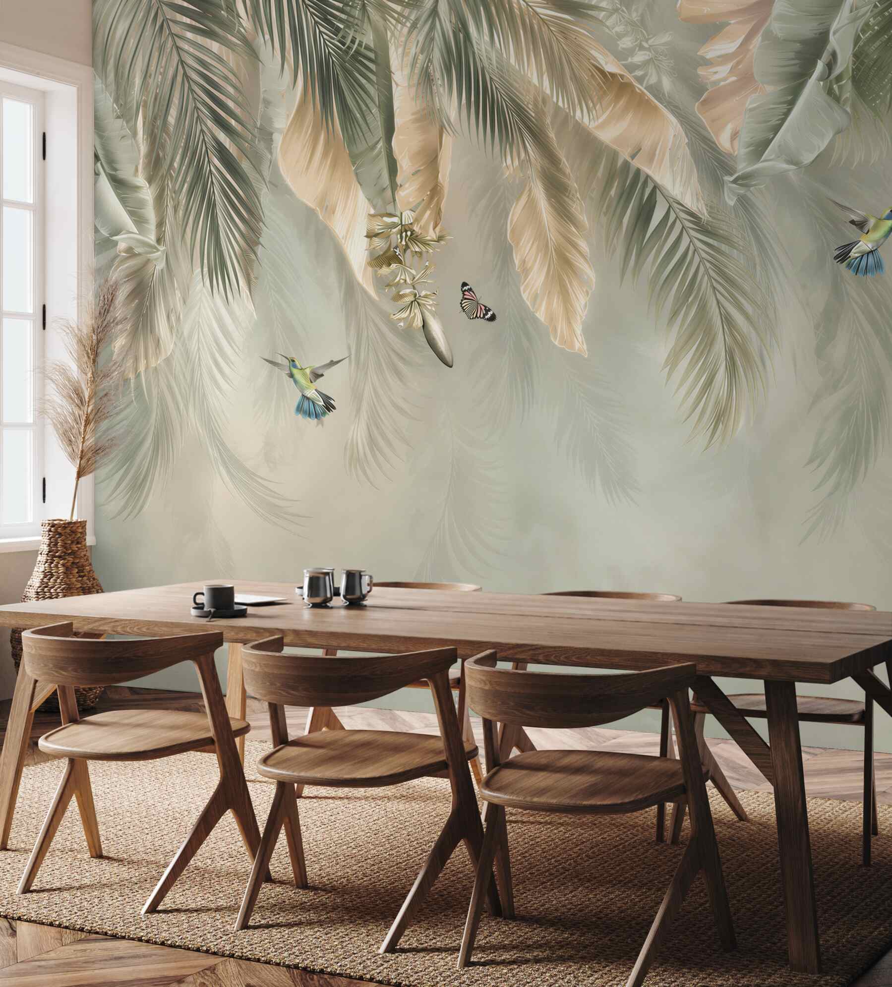 Fototapeta liście tropikalne z kolibrami w beżowo zielonej aranżacji?v23