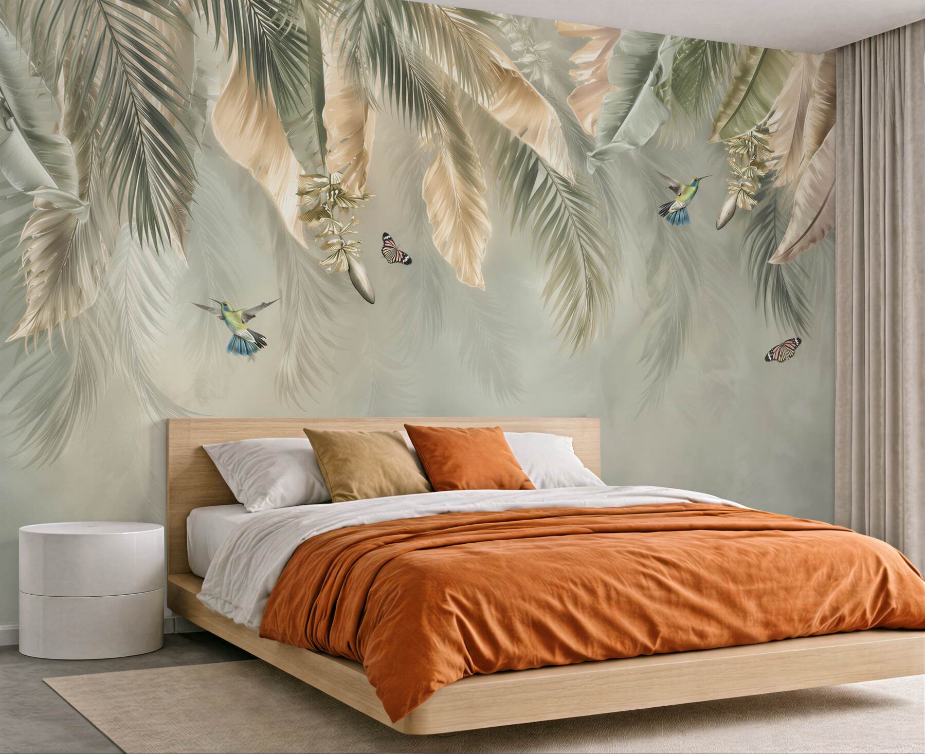 Fototapeta liście tropikalne z kolibrami w beżowo zielonej aranżacji?v23