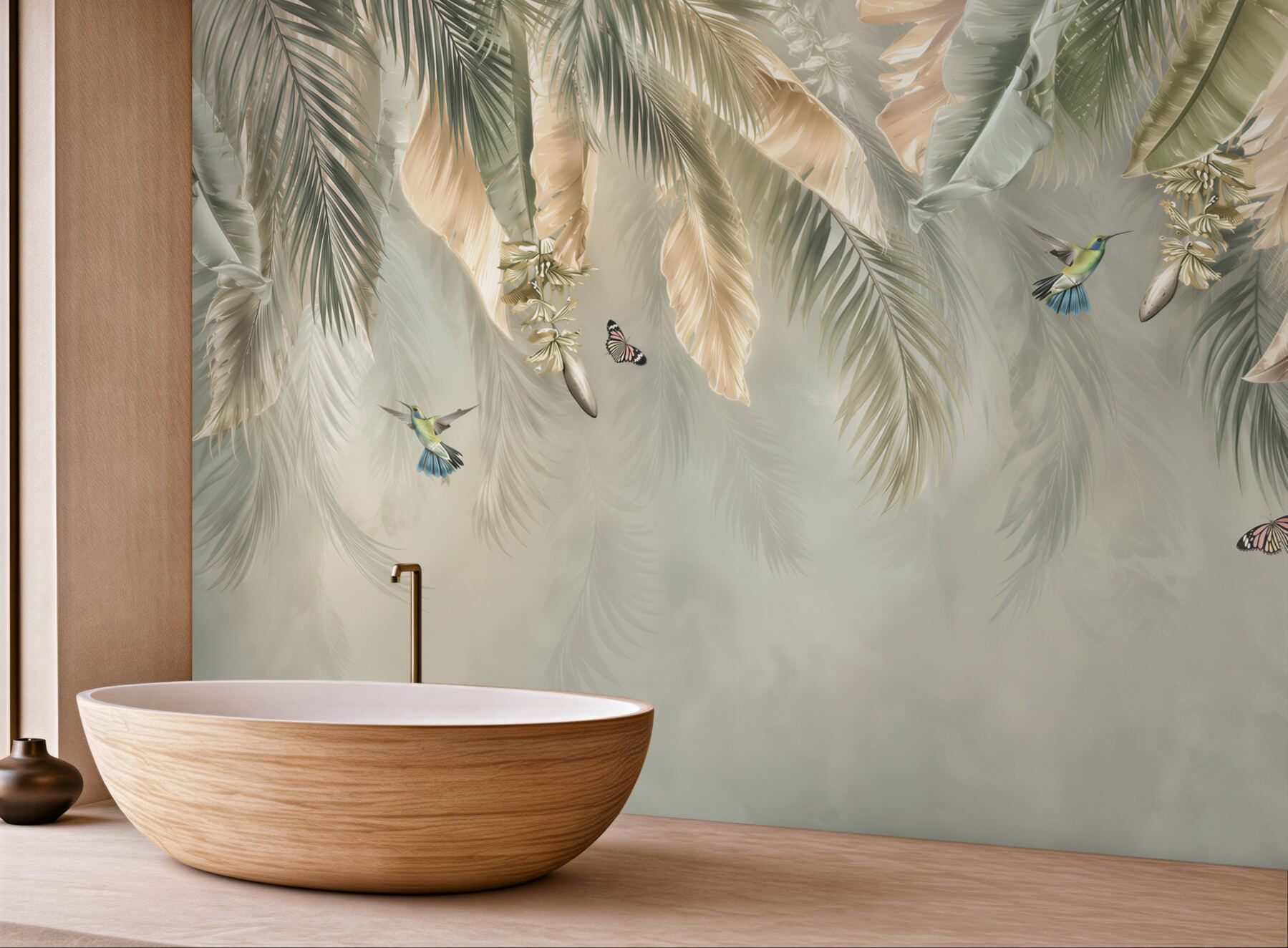 Fototapeta liście tropikalne z kolibrami w beżowo zielonej aranżacji?v23