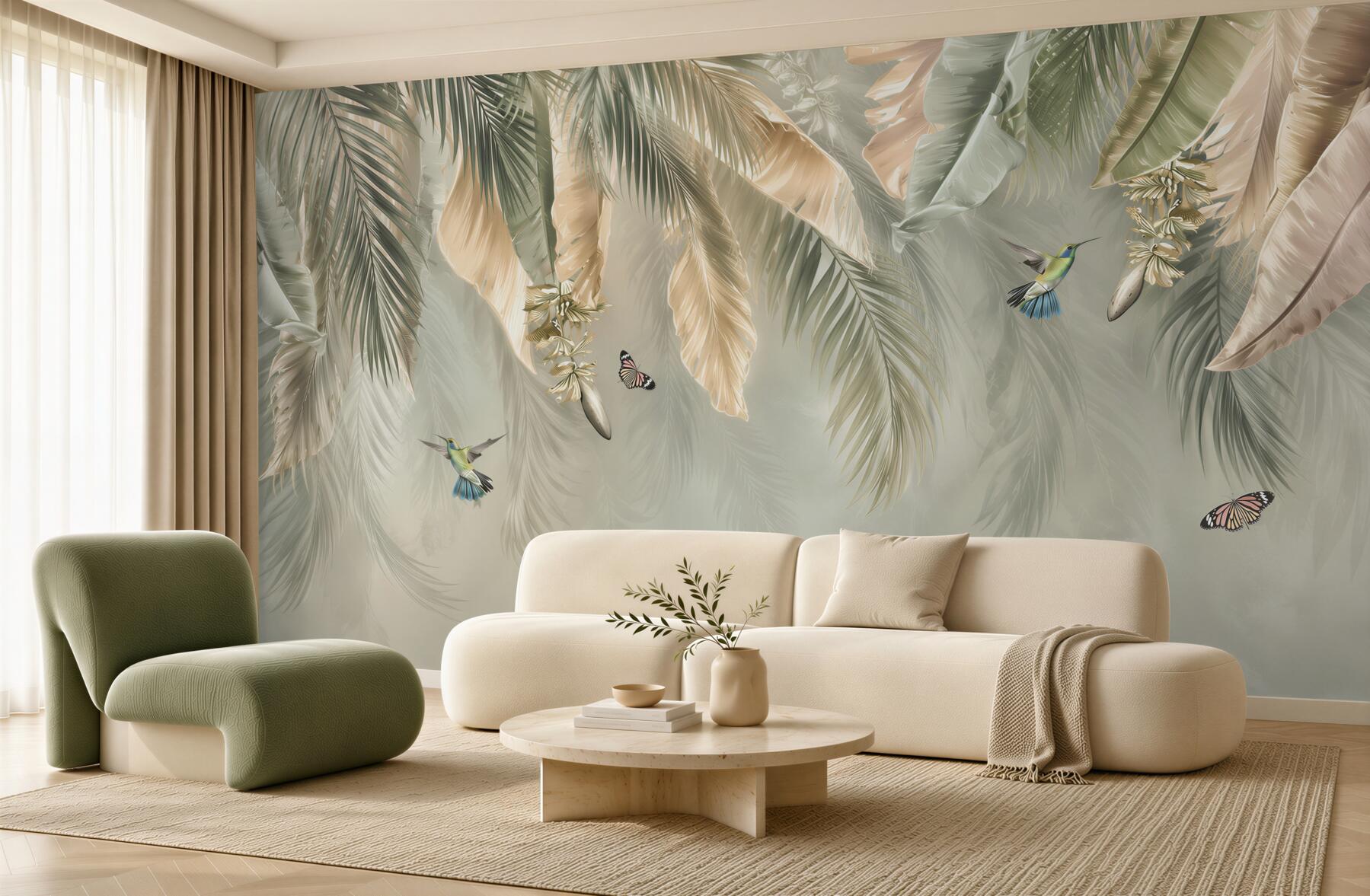 Fototapeta liście tropikalne z kolibrami w beżowo zielonej aranżacji?v23