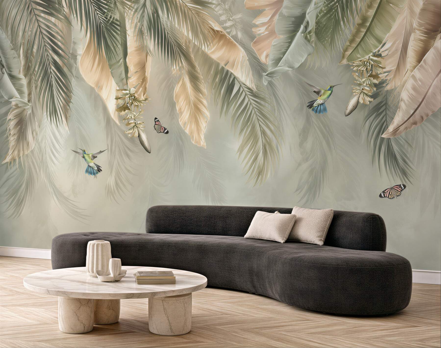 Fototapeta liście tropikalne z kolibrami w beżowo zielonej aranżacji?v23