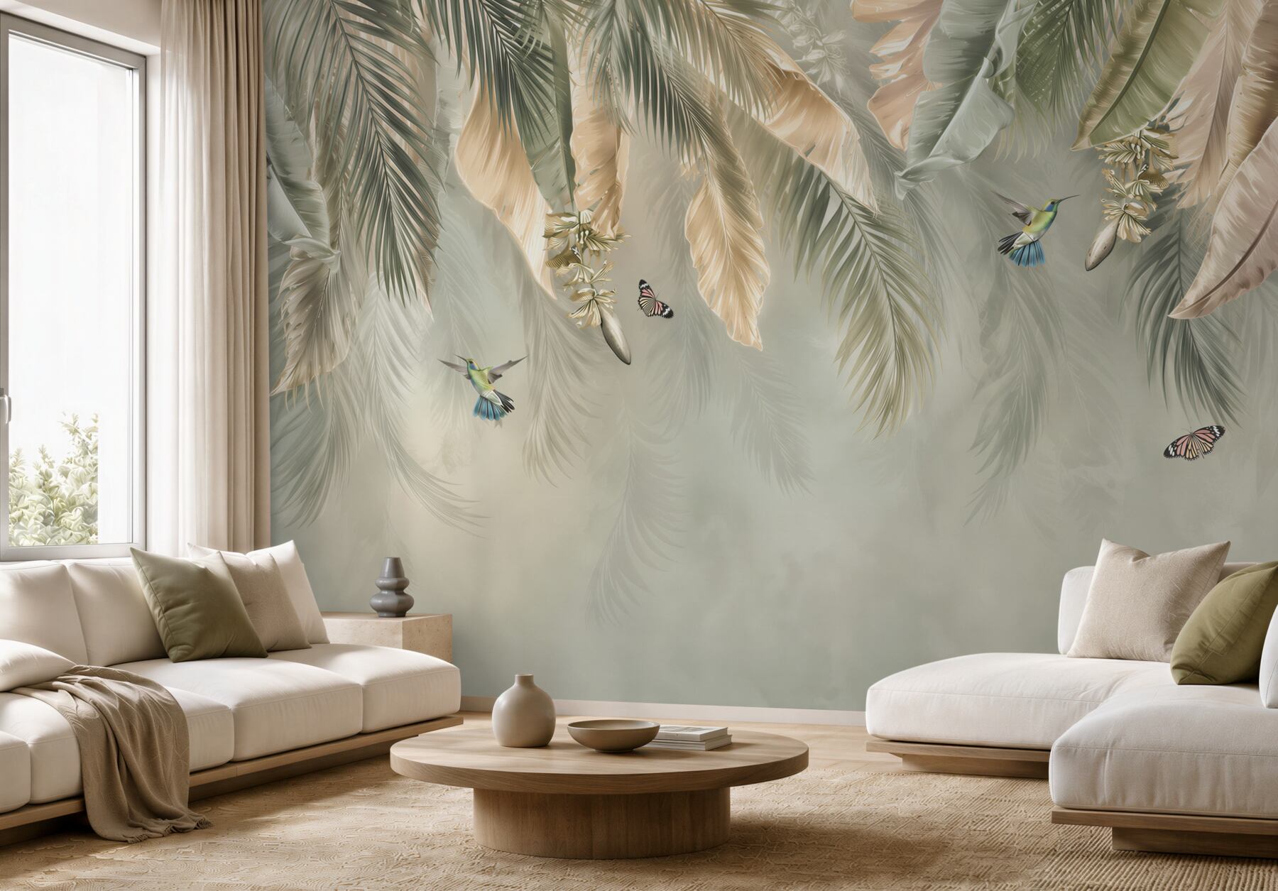 Fototapeta liście tropikalne z kolibrami w beżowo zielonej aranżacji?v23